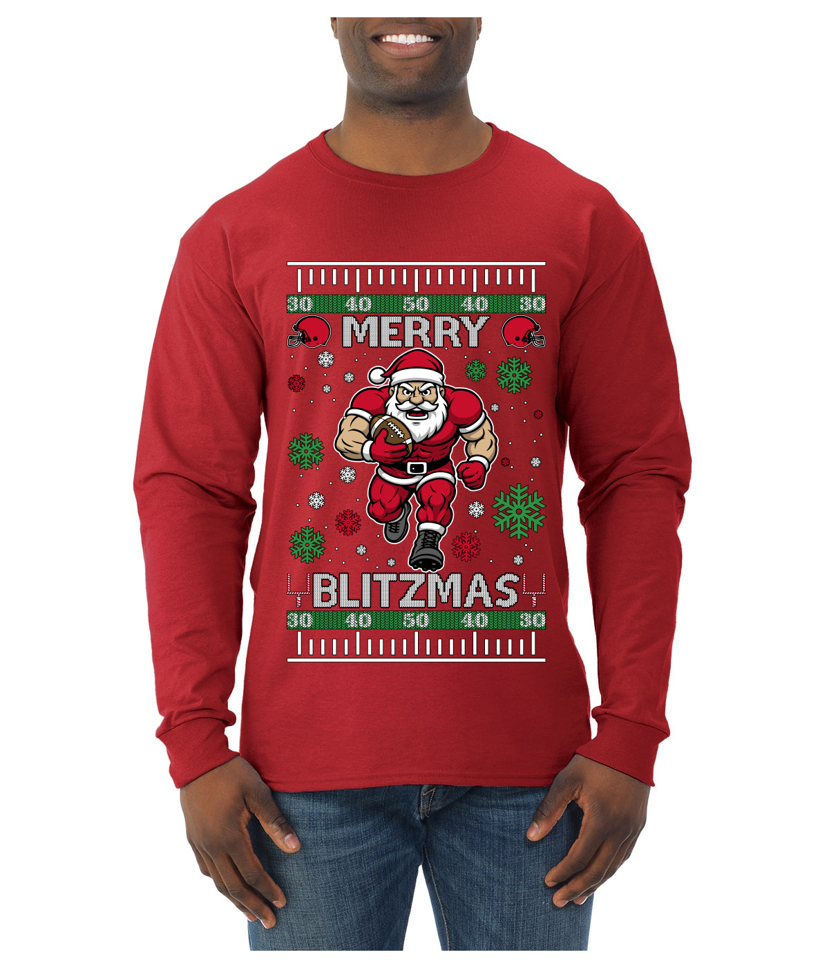 Merry Blitzmas, Football Christmas Sweater Design, Ugly Christmas Sweater Unisex Mens Long Sleeve Shirt