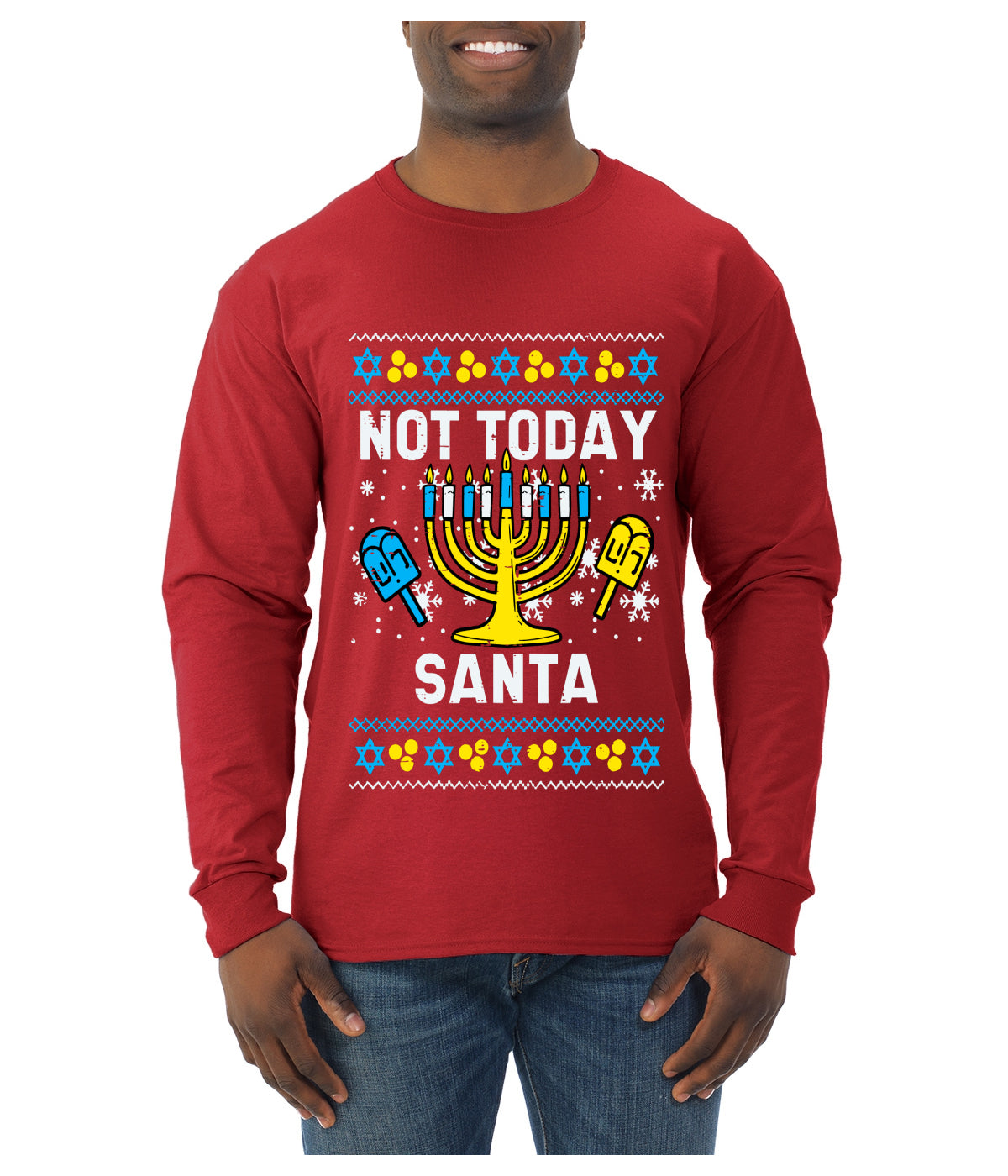 Not Today Santa Menorah Hanukkah, Ugly Christmas Sweater Unisex Mens Long Sleeve Shirt