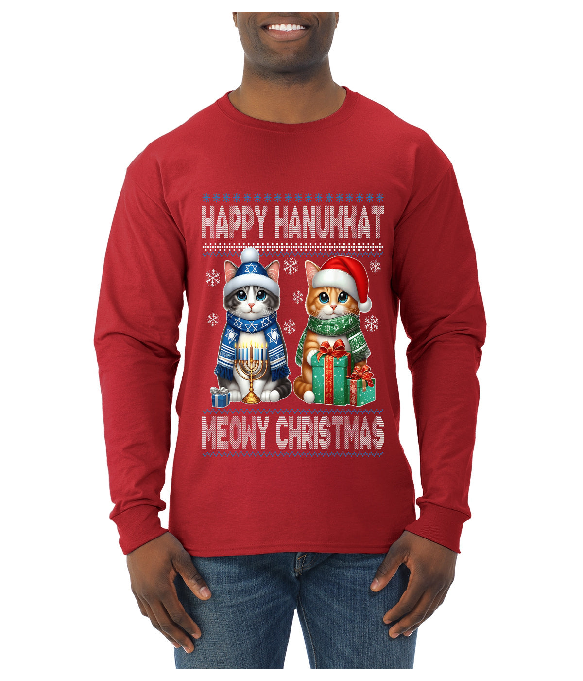 Happy Hanukkat Meowy Christmas, Ugly Christmas Sweater Unisex Mens Long Sleeve Shirt