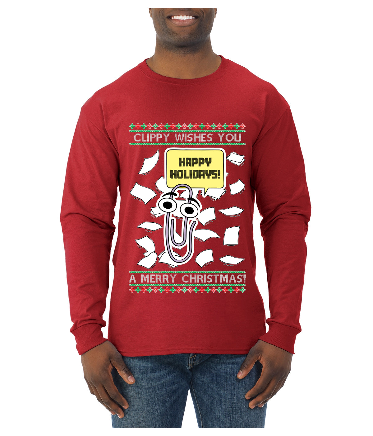 Clippy Wishes You A Merry Christmas Office Assistant, Ugly Christmas Sweater Unisex Mens Long Sleeve Shirt