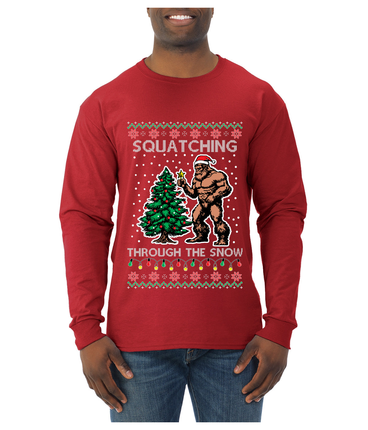 Squatching Through The Snow Bigfoot, Ugly Christmas Sweater Unisex Mens Long Sleeve Shirt