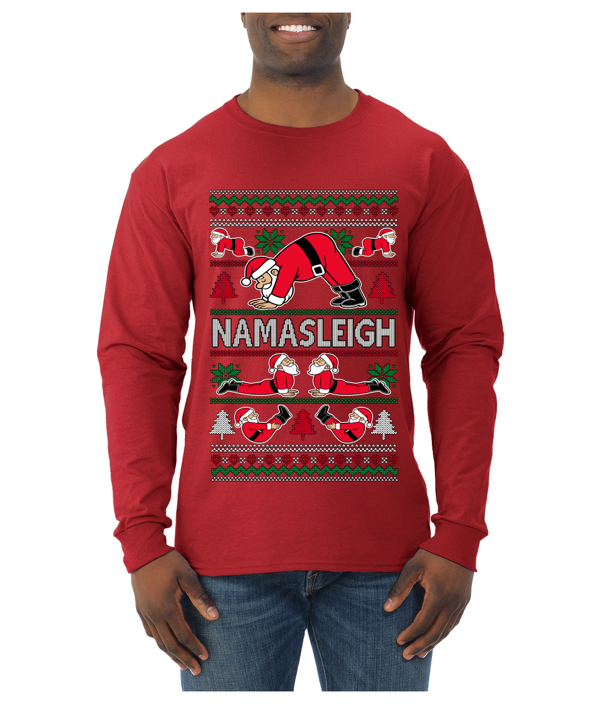 Namasleigh, Namaste Yoga Santa Claus, Ugly Christmas Sweater Unisex Mens Long Sleeve Shirt