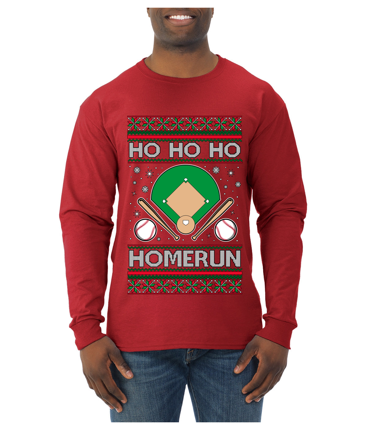 Ho Ho Ho Homerun, Baseball Fan Christmas Design, Ugly Christmas Sweater Unisex Mens Long Sleeve Shirt