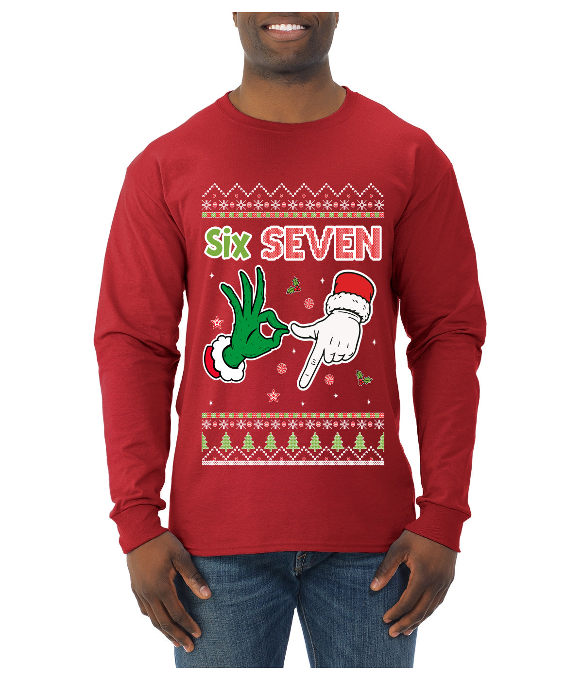6 7 Christmas Hands, Ugly Christmas Sweater Unisex Mens Long Sleeve Shirt