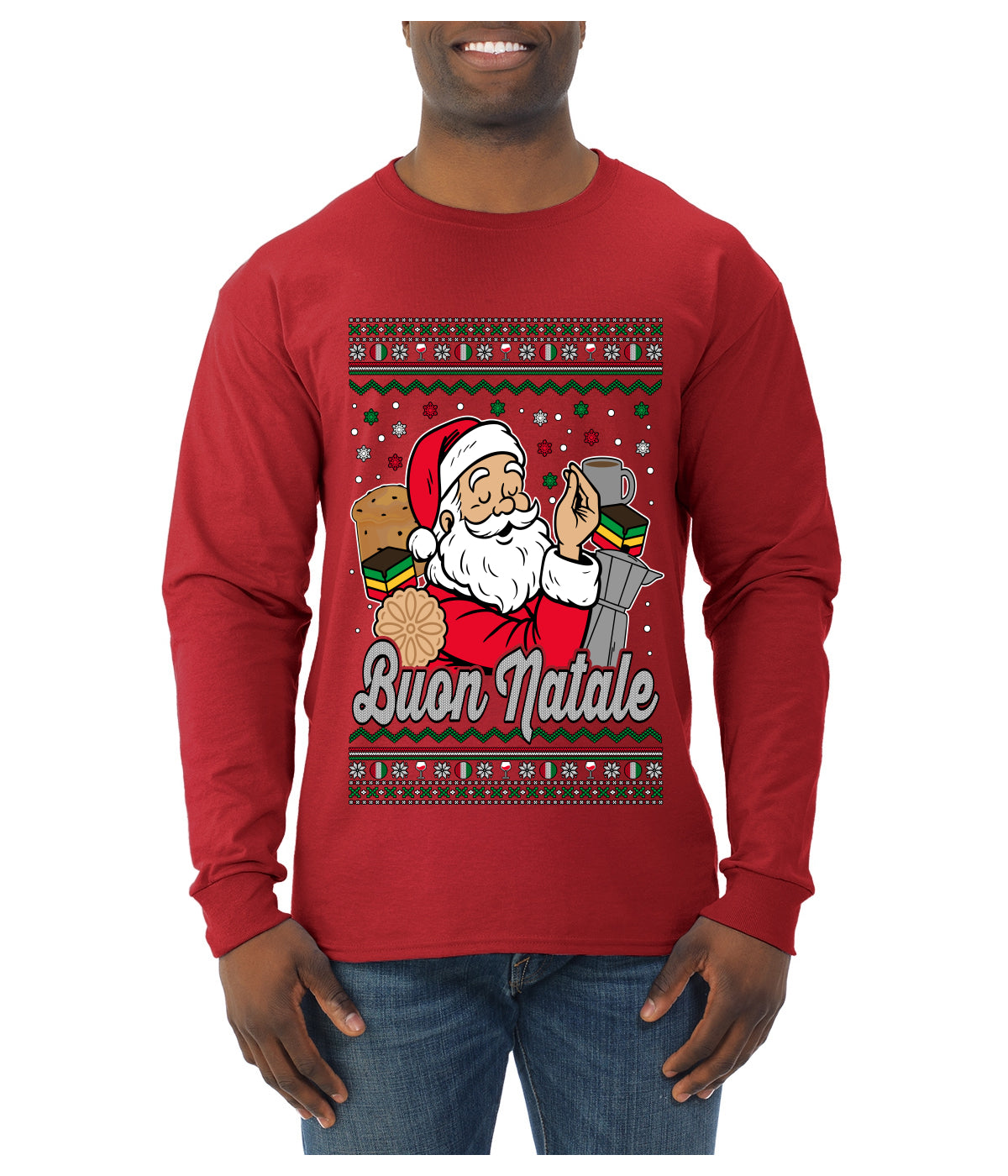 Buon Natale, Italian Santa Claus, Funny, Italian American Humor, Ugly Christmas Sweater Unisex Mens Long Sleeve Shirt