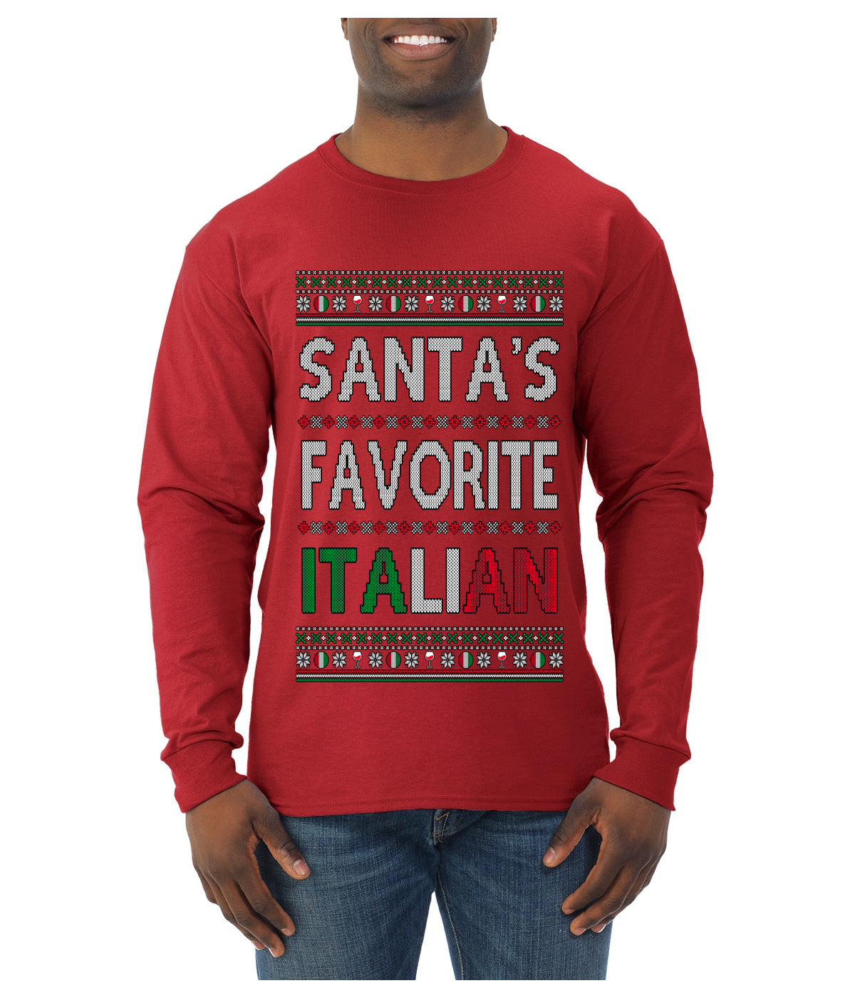 Santa's Favorite Italian, Funny Italian Christmas Sweater, Ugly Christmas Sweater Unisex Mens Long Sleeve Shirt