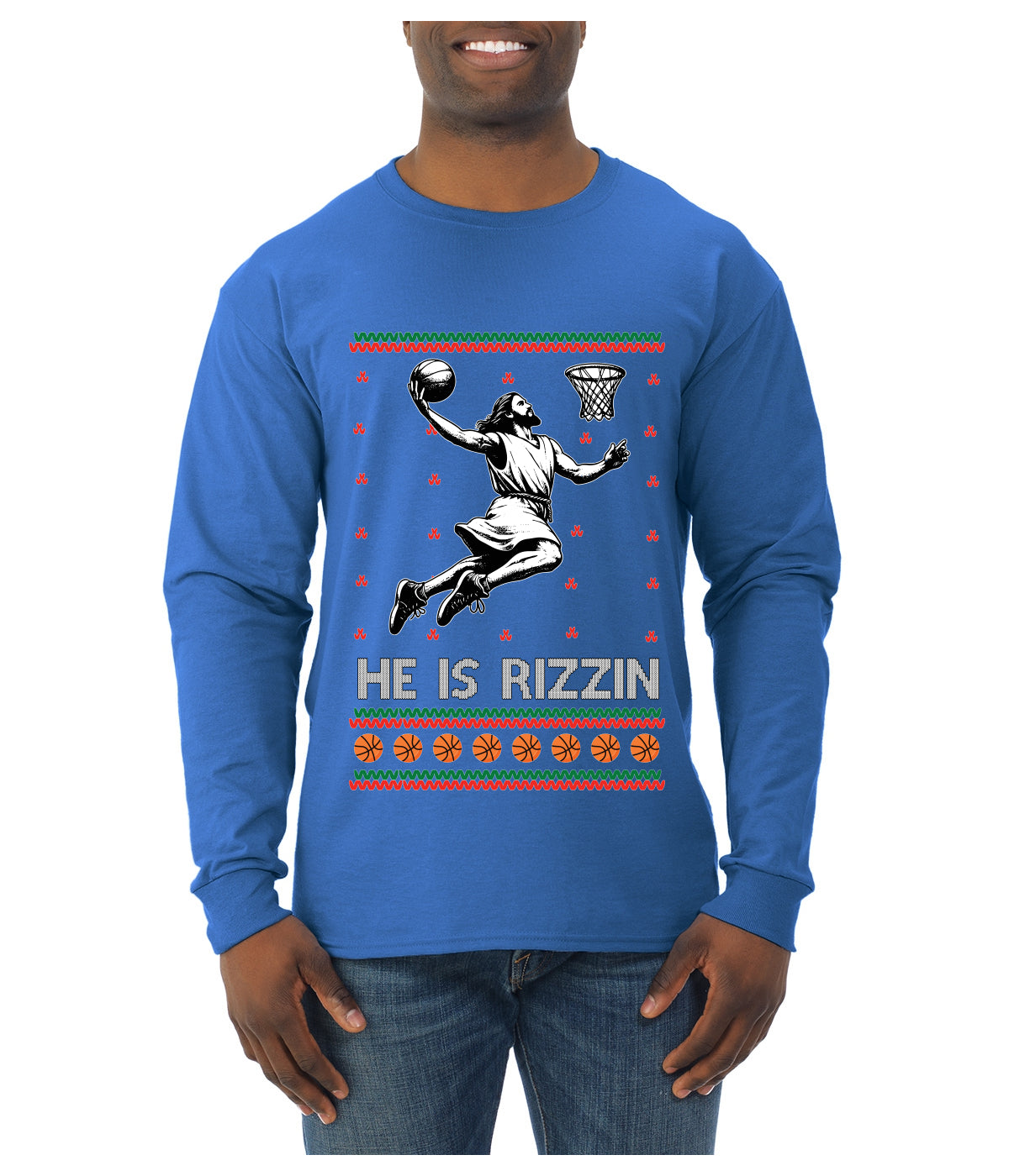 He Is Rizzin, Ugly Christmas Sweater Unisex Mens Long Sleeve Shirt