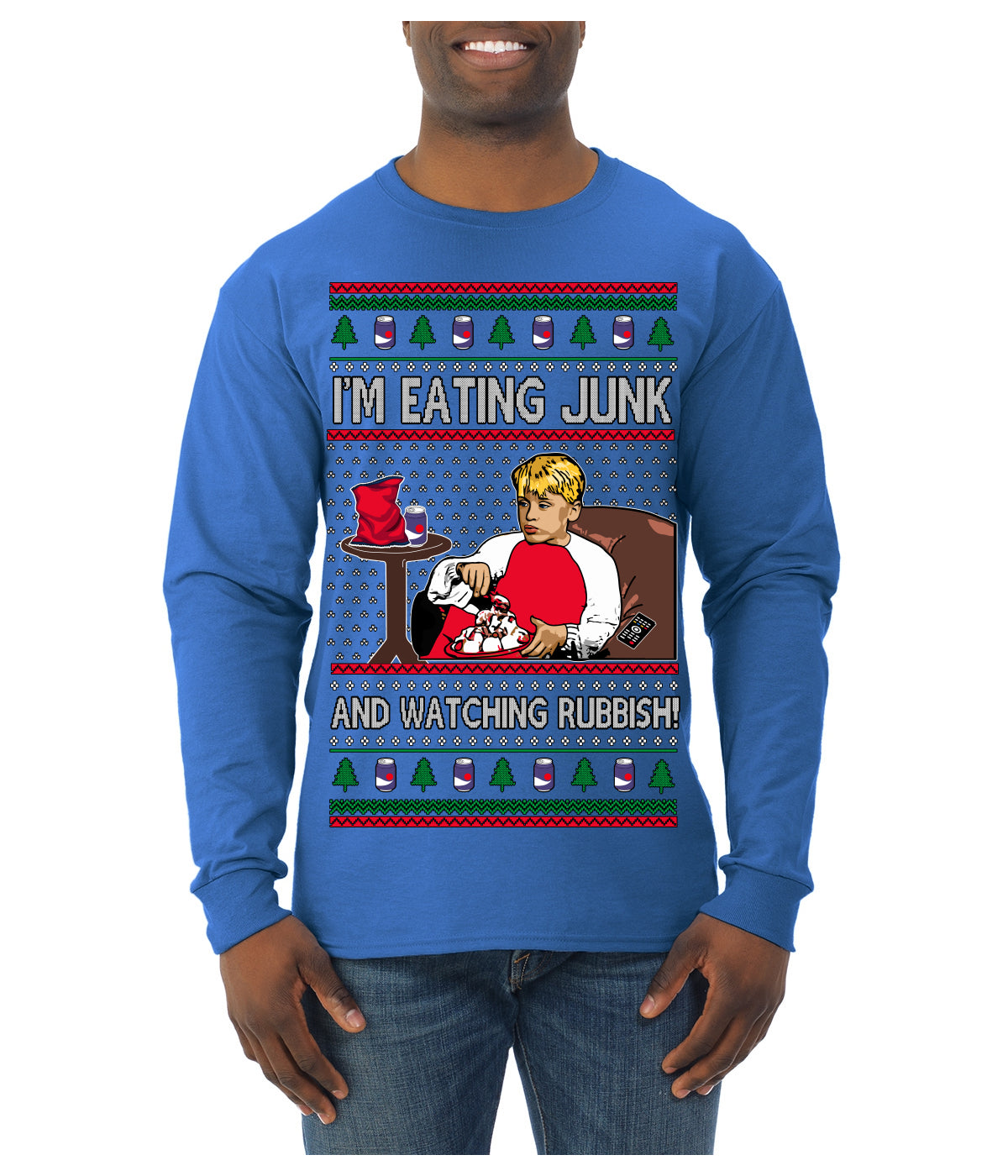 I'm Eating Junk and Watching Rubbish 90s Movie Ice Cream Ugly Christmas Sweater Mens Long Sleeve Shirt