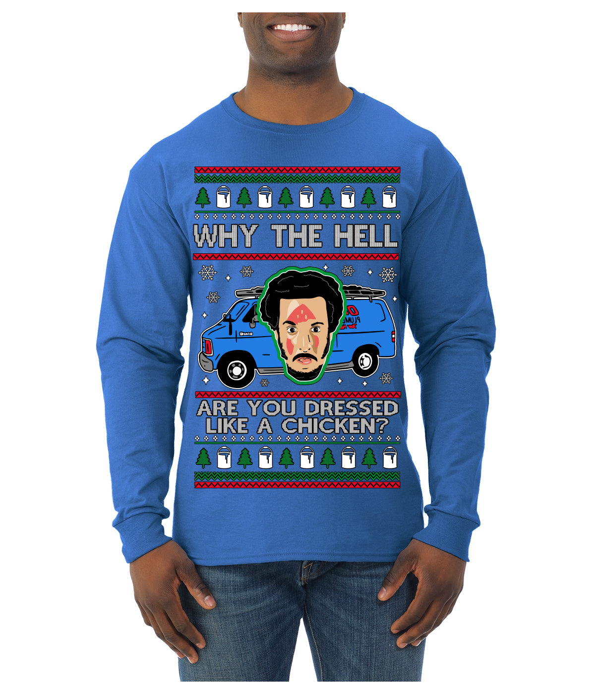 Why the Hell are You Dressed Like a Chicken? Funny Movie Ugly Christmas Sweater Mens Long Sleeve Shirt