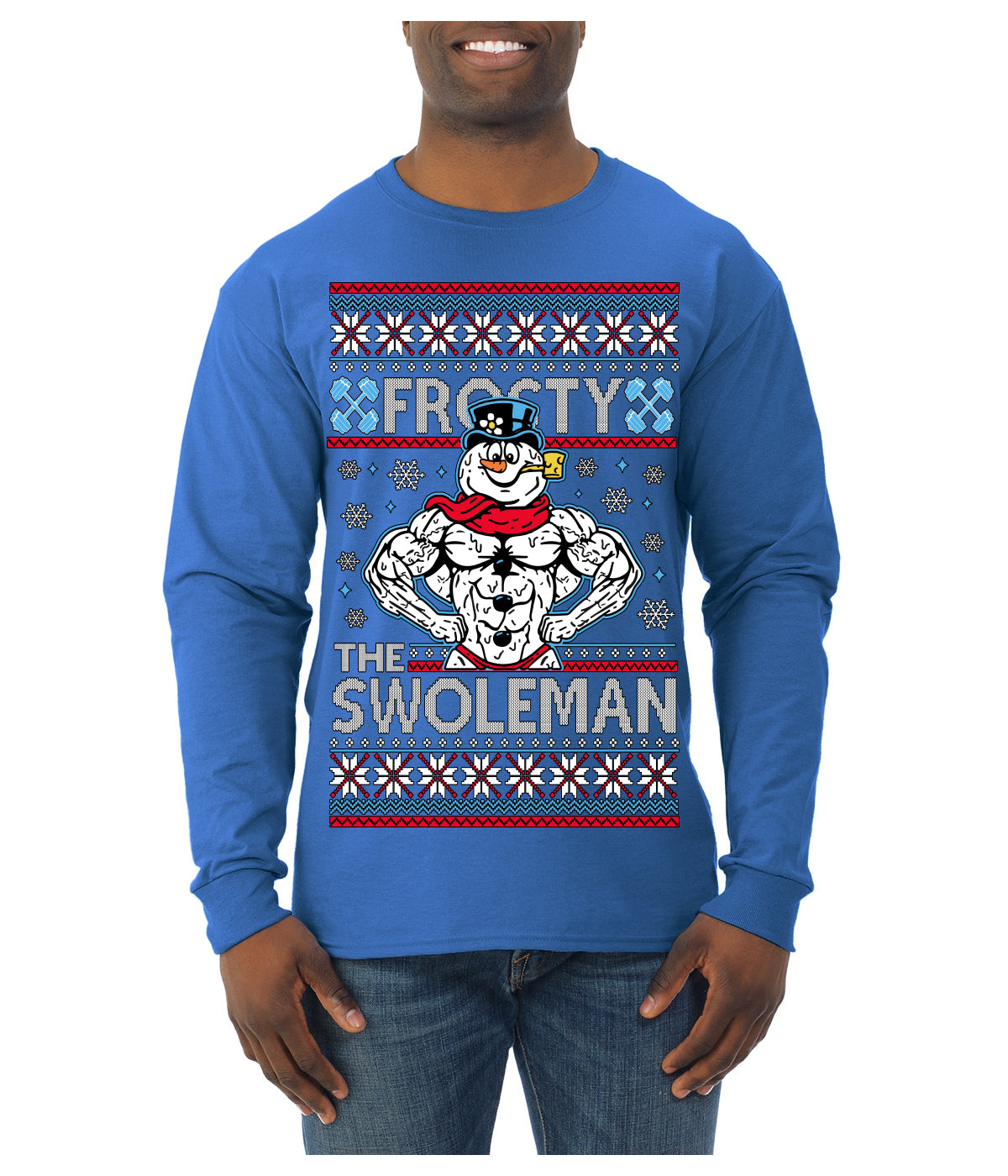 Frosty the Swoleman Funny Workout Lifting Snowman MovieUgly Christmas Sweater Mens Long Sleeve Shirt