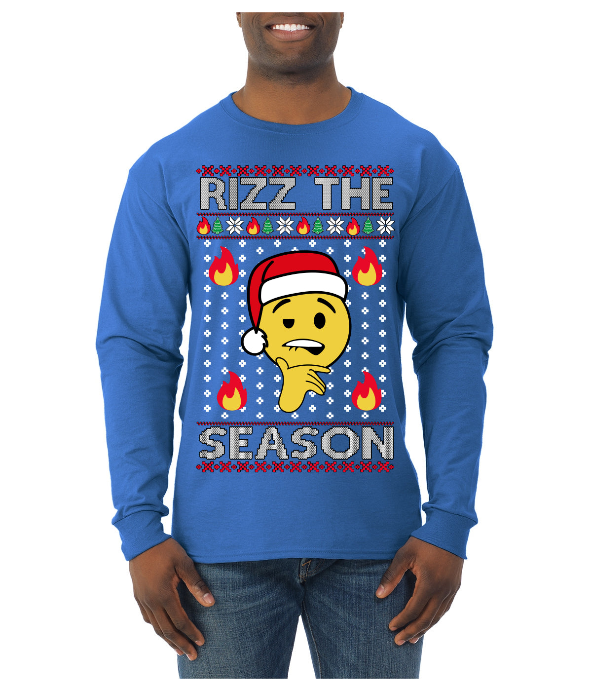Rizz the Season Viral Internet Fire Emoji Face Meme Ugly Christmas Sweater Mens Long Sleeve Shirt