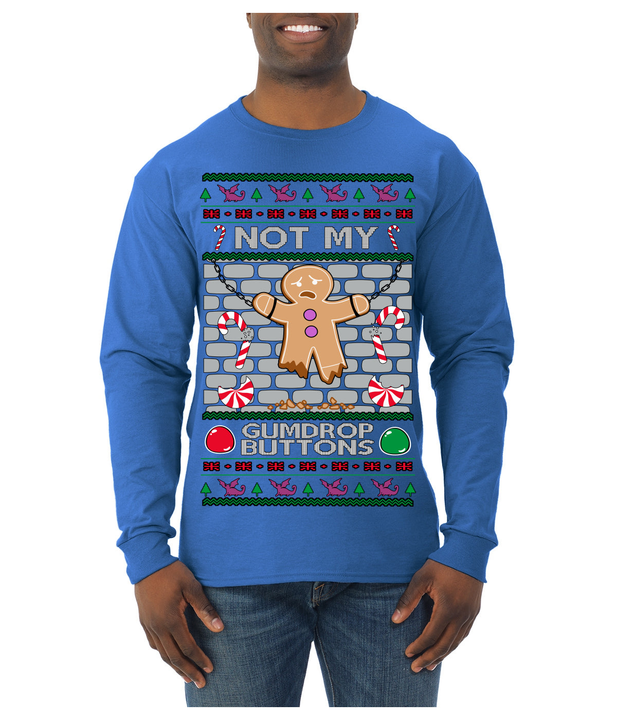 Not My Gumdrop Buttons Funny Classic Movie Quote Ugly Christmas Sweater Mens Long Sleeve Shirt
