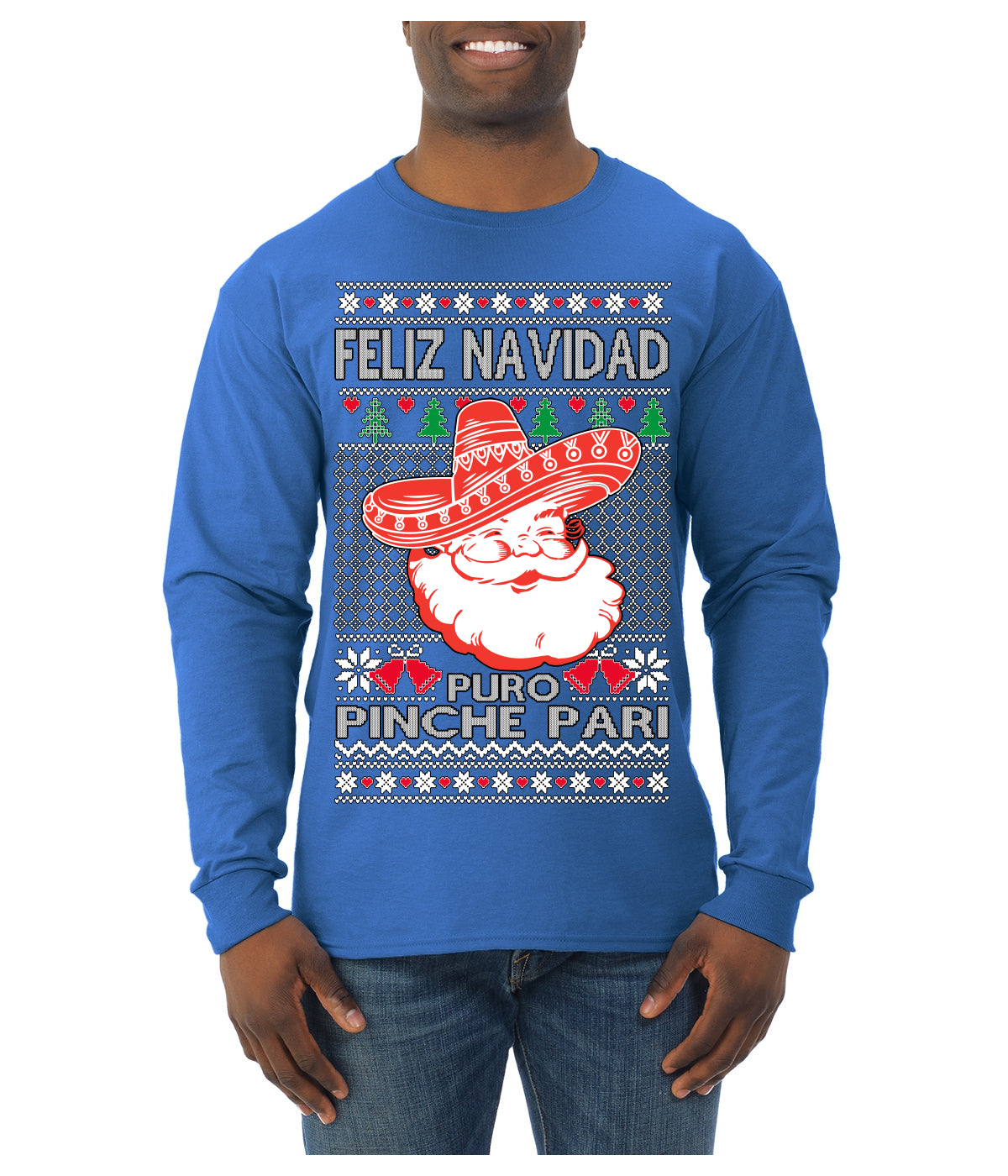Feliz Navidad Puro Pinche Pari Funny Spanish Song Ugly Christmas Sweater Mens Long Sleeve Shirt