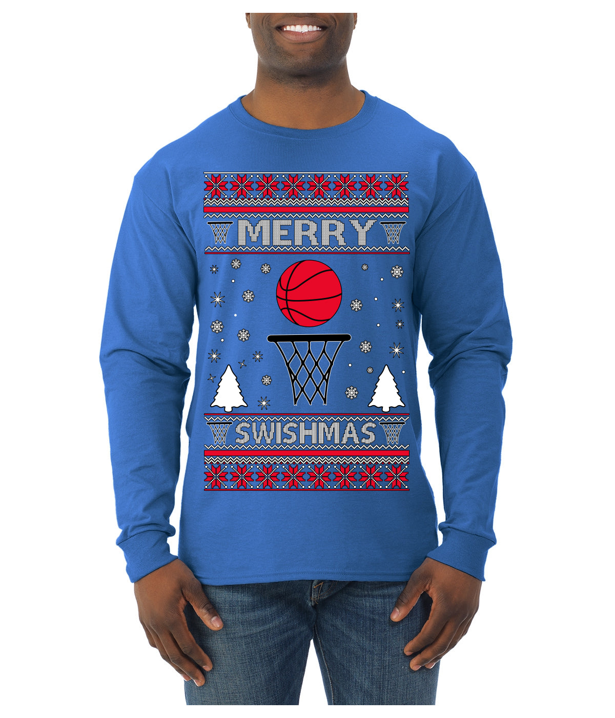 Merry Swishmas Basketball Sports Ugly Christmas Sweater Mens Long Sleeve Shirt