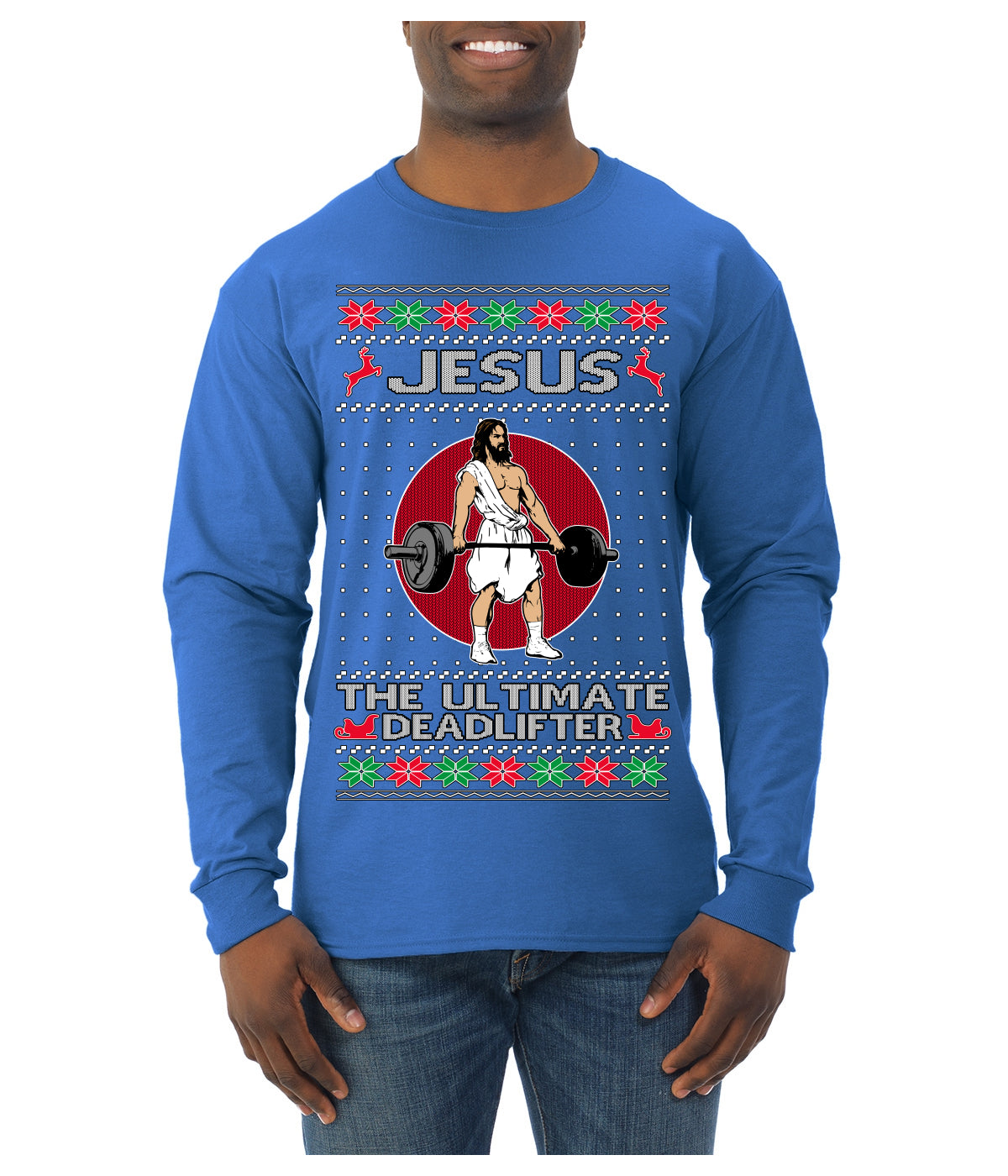 Jesus the Ultimate Deadlifter Funny Ugly Christmas Sweater Mens Long Sleeve Shirt