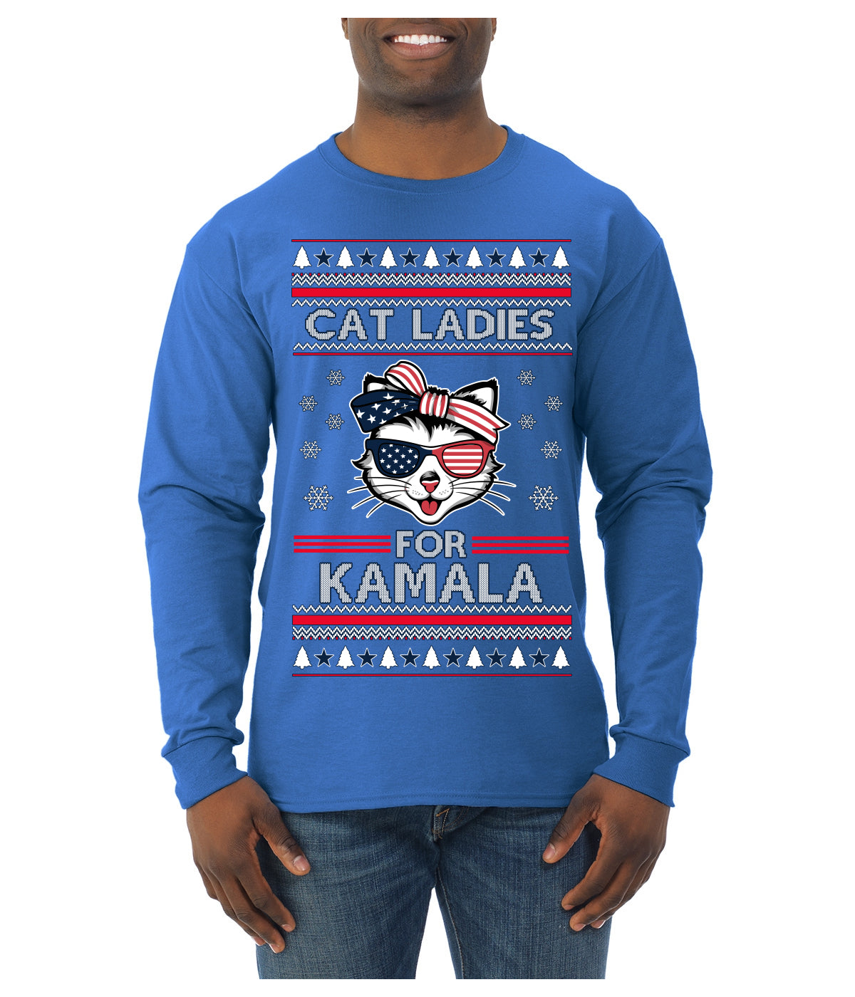 Cat Ladies for Kamala USA Glasses, Harris Tim Walz 2024 Cute USA Glasses Bow Ugly Christmas Sweater Mens Long Sleeve Shirt