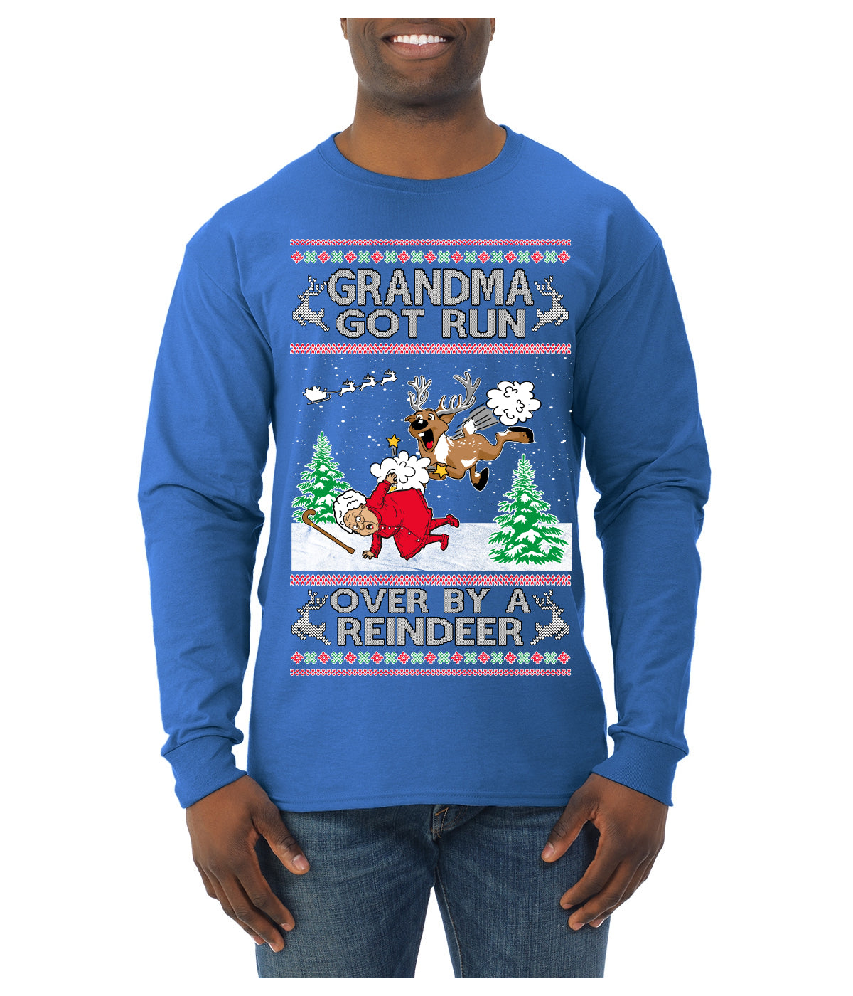Grandma Got Run Over by a Reindeer, Funny Animated Design Rein Deer Kids TV Song Movie Ugly Christmas Sweater Mens Long Sleeve Shirt