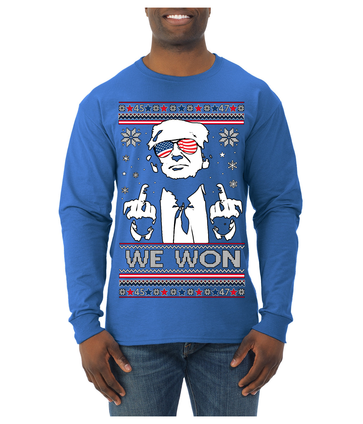 We Won Funny 45 47 President Trump Shot USA Glasses Ugly Christmas Sweater Mens Long Sleeve Shirt
