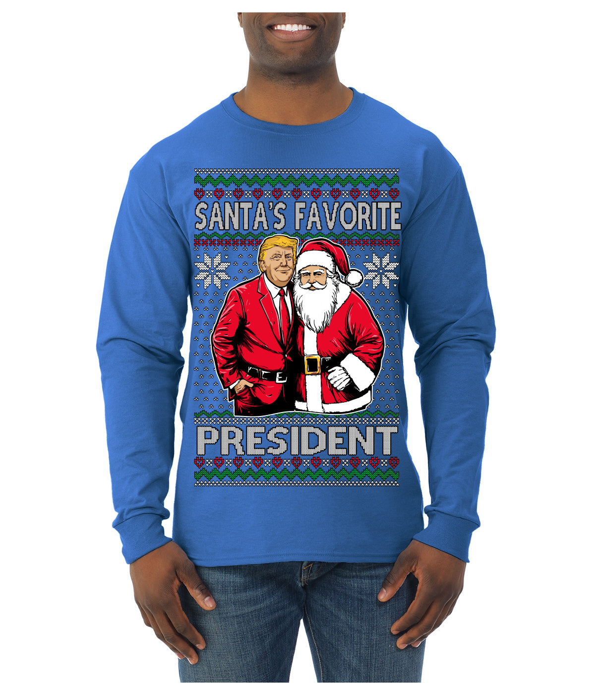 Santa's Favorite President Red Suit Trump Ugly Christmas Sweater Mens Long Sleeve Shirt