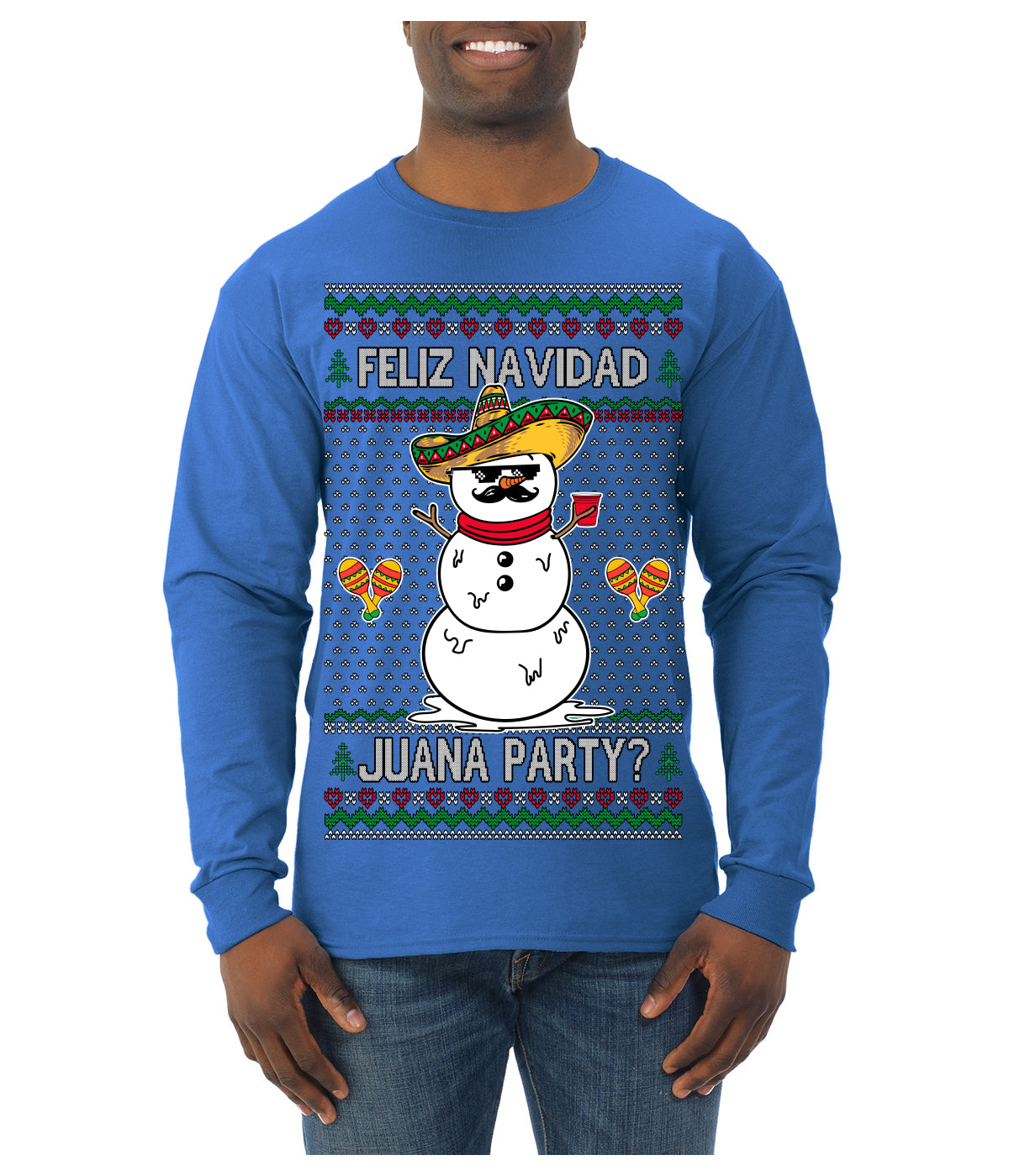 Feliz Navidad Juana Party Funny Spanish Drinking Cerveza Ugly Christmas Sweater Mens Long Sleeve Shirt