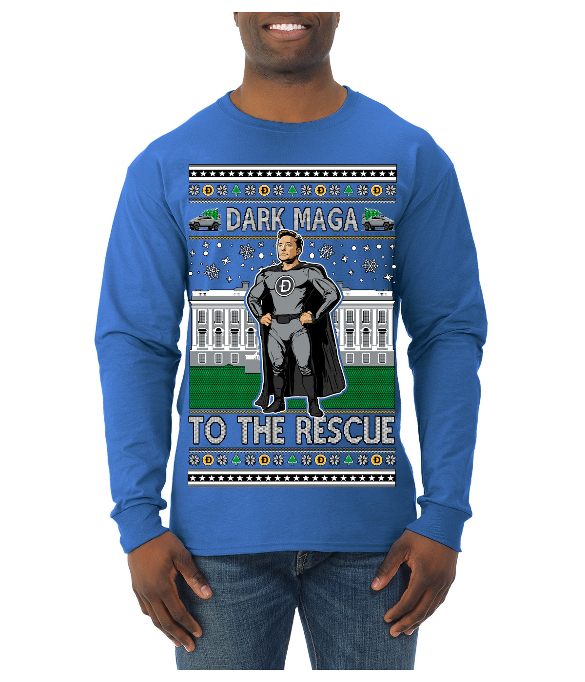 Dark MAGA to the Rescue Elon Superhero Doge Crypto Ugly Christmas Sweater Mens Long Sleeve Shirt