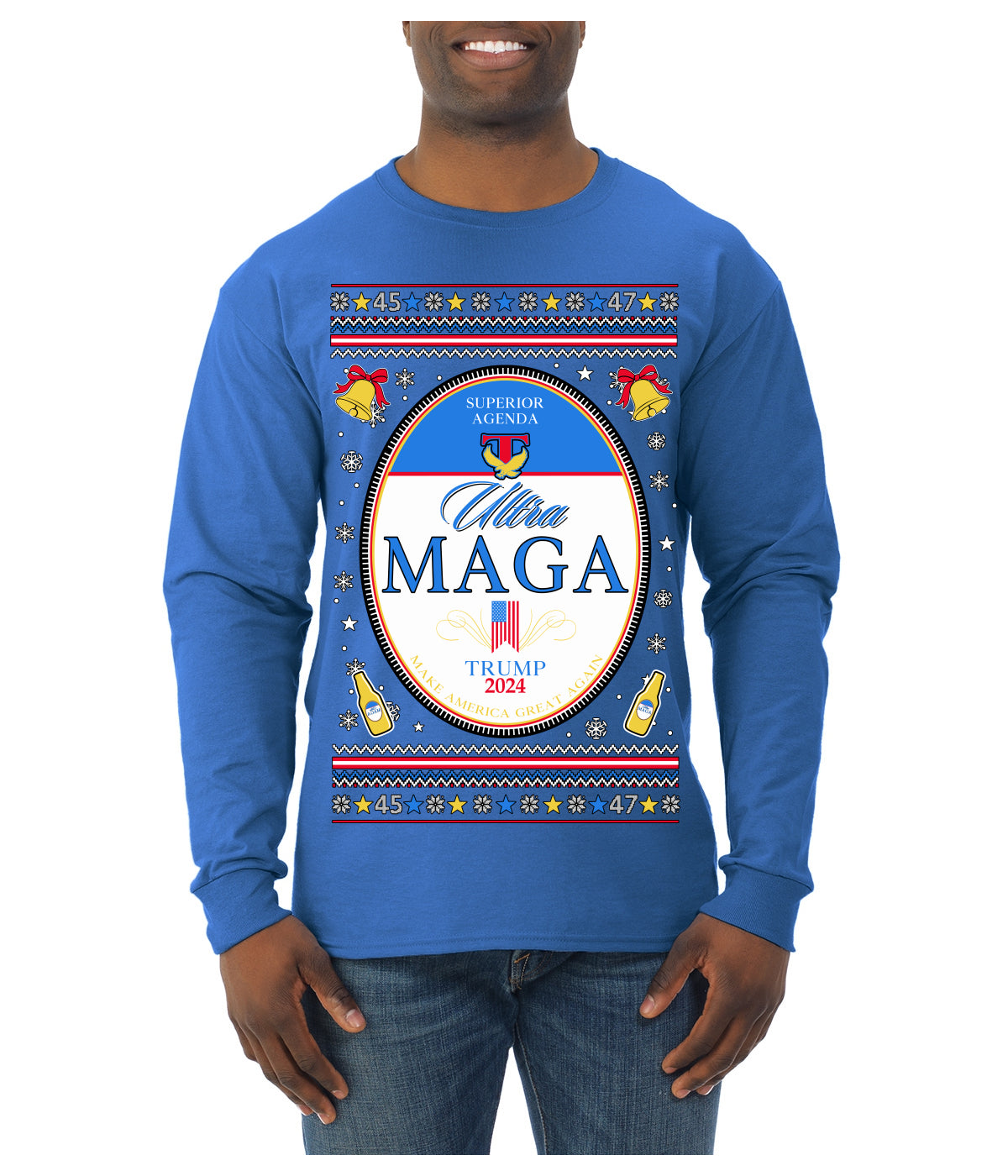 Ultra MAGA Superior Agenda Trump 2024 Funny Beer Logo Ugly Christmas Sweater Mens Long Sleeve Shirt
