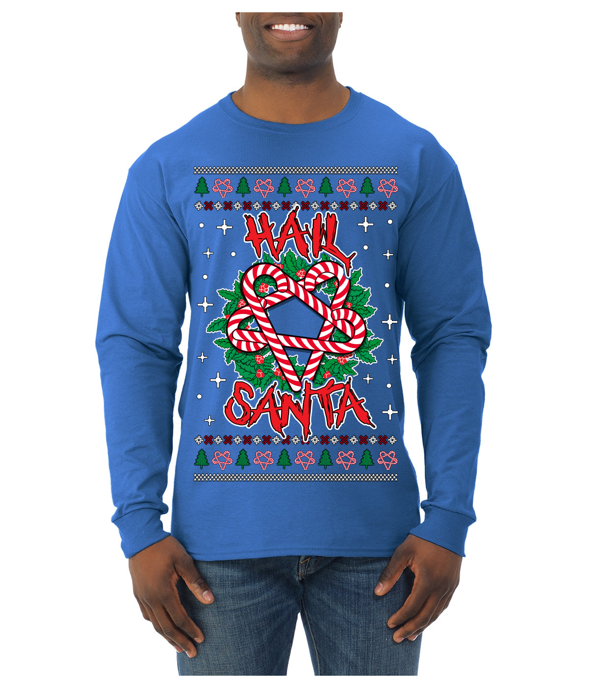 Hail Santa Funny Satanic Candy Devil Heavy Metal Satan Ugly Christmas Sweater Mens Long Sleeve Shirt