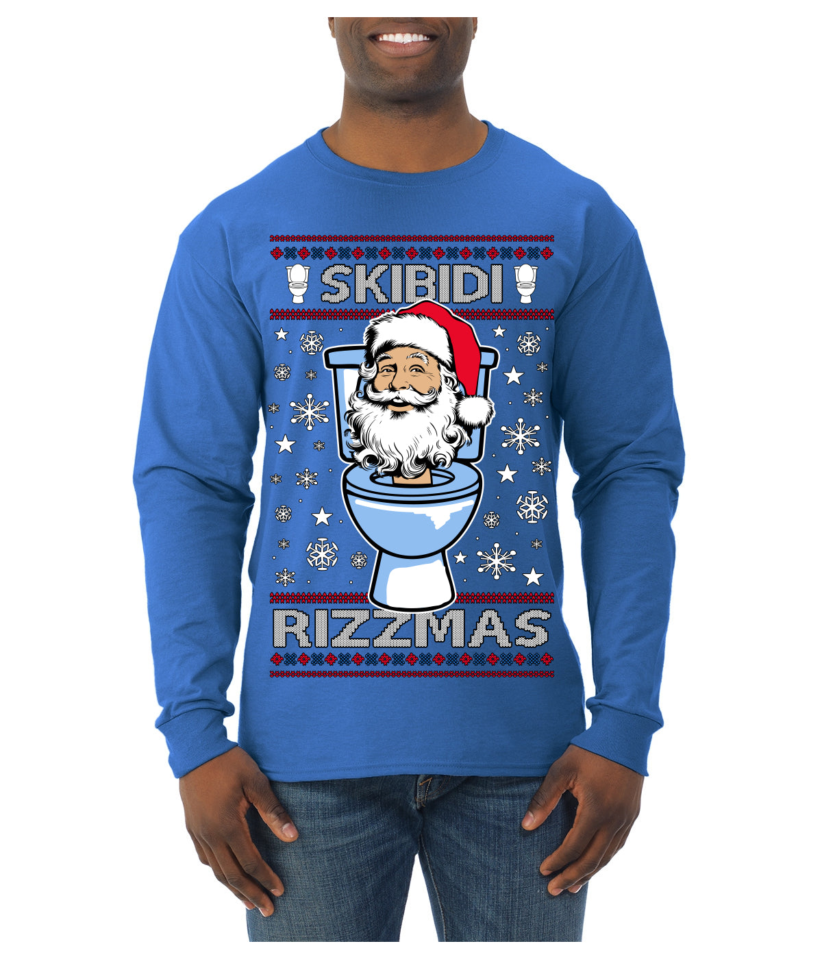 Skibidi Rizzmas Funny Toilet Video Viral Brain Rot Meme, Gen Z Alpha Slang Brainrot Memes Ugly Christmas Sweater Mens Long Sleeve Shirt