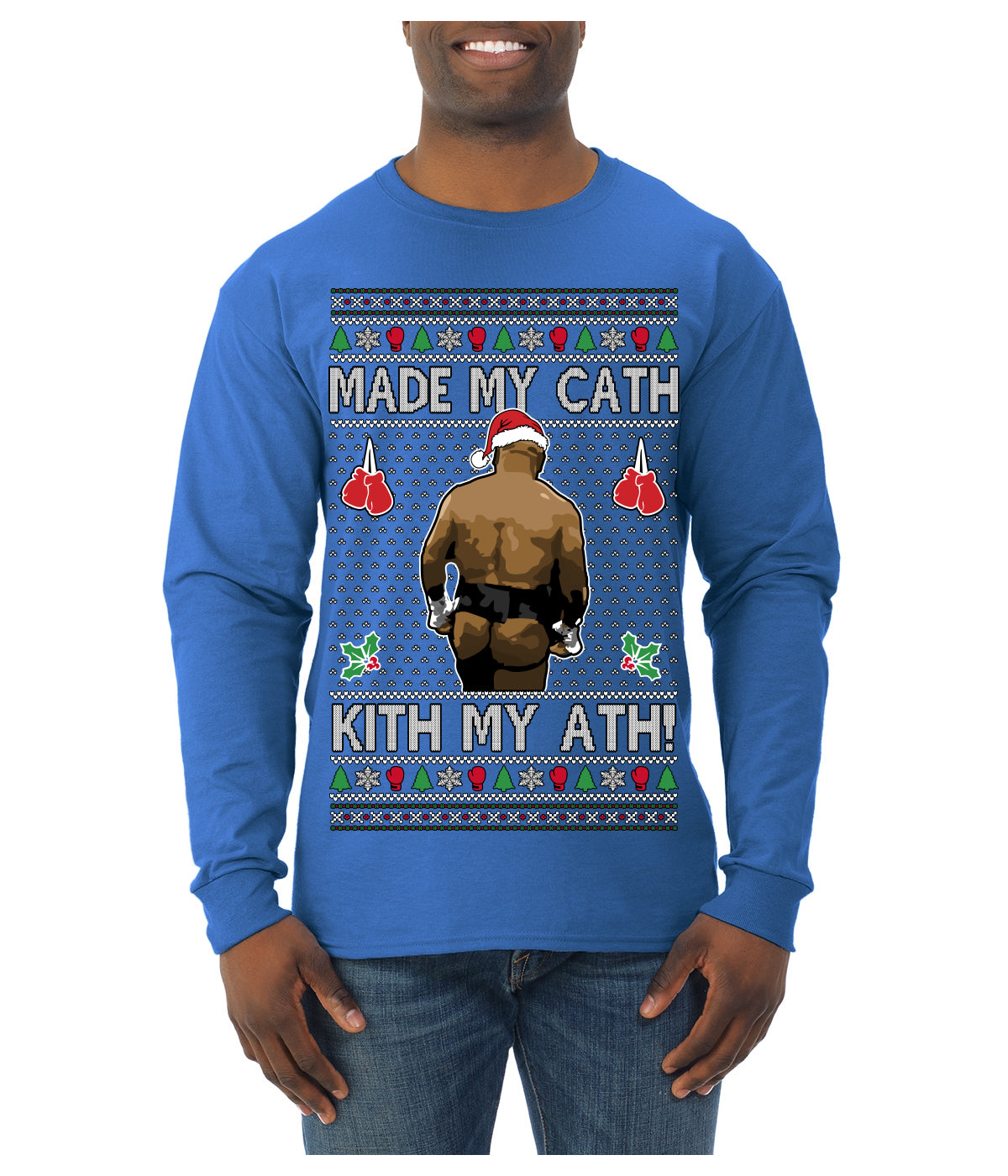 Made My Cath Kith My Ath, Funny Cash Money Viral Kiss My Ass Boxing Fight Meme, Men Women Ugly Christmas Sweater Mens Long Sleeve Shirt