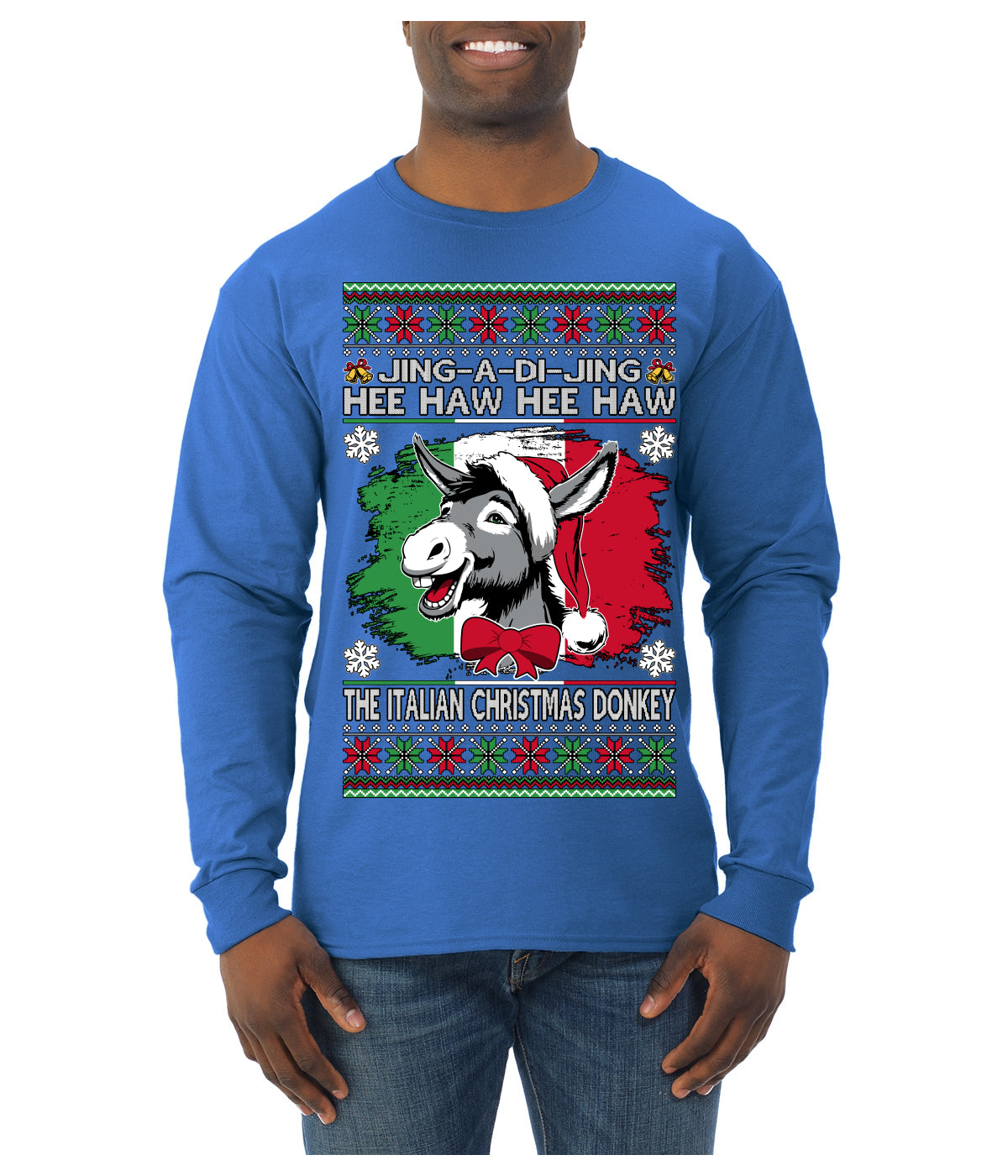 Jing a Di Jing Dominick the Italian Christmas Donkey Ugly Christmas Sweater Mens Long Sleeve Shirt