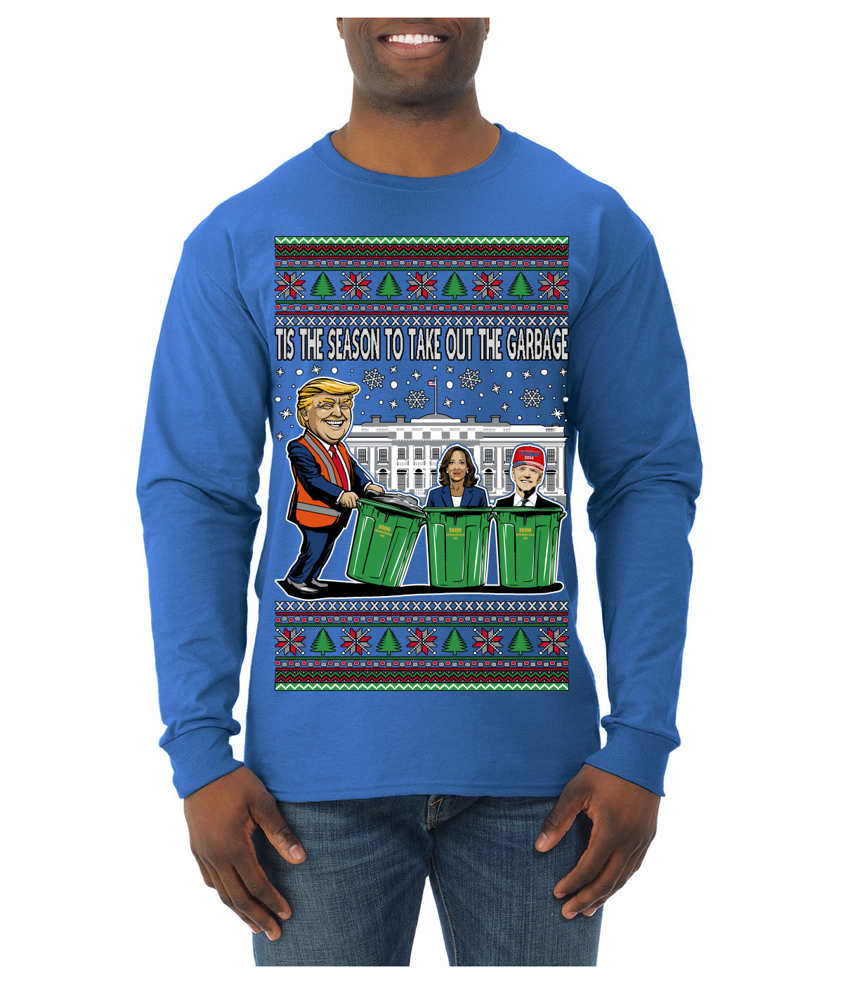 Tis the Season to Take Out the Garbage President Trump Ugly Christmas Sweater Mens Long Sleeve Shirt