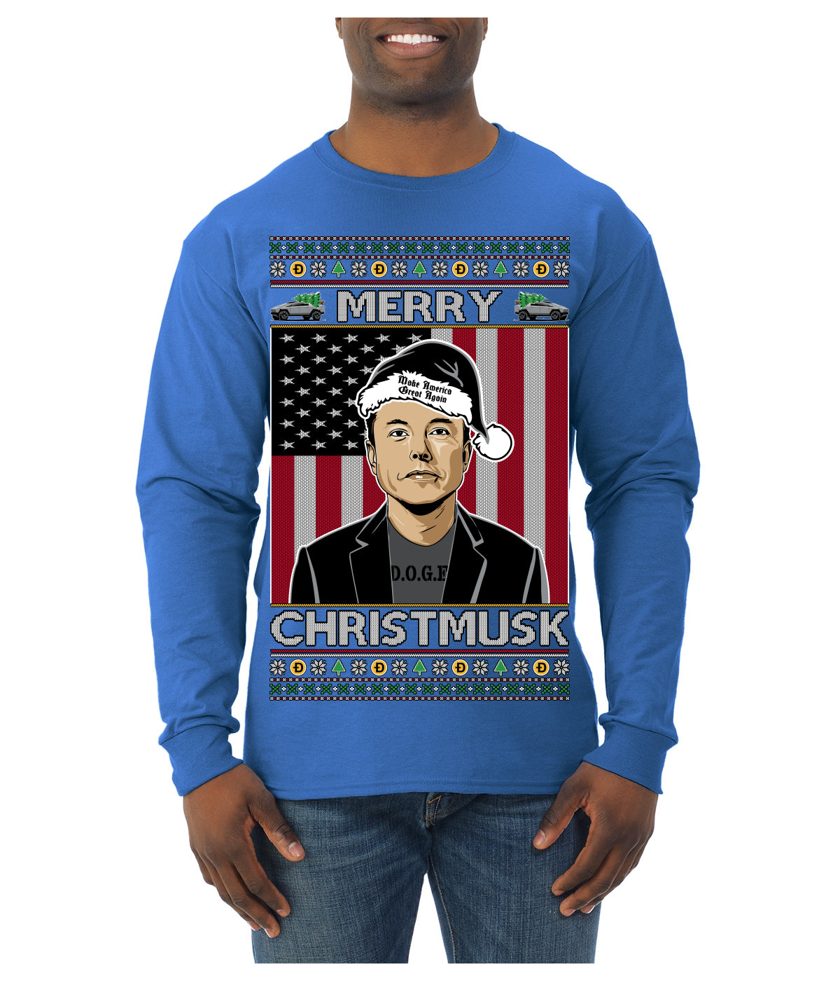Merry Christmusk Funny Dark MAGA Santa Elon Doge Meme Ugly Christmas Sweater Mens Long Sleeve Shirt