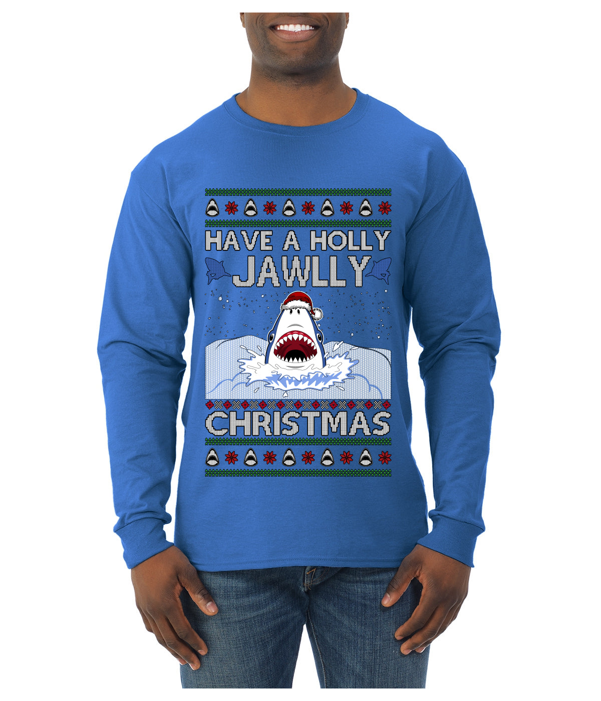 Have a Holly Jawlly Christmas, Cute Shark, Ugly Christmas Sweater Mens Long Sleeve Shirt