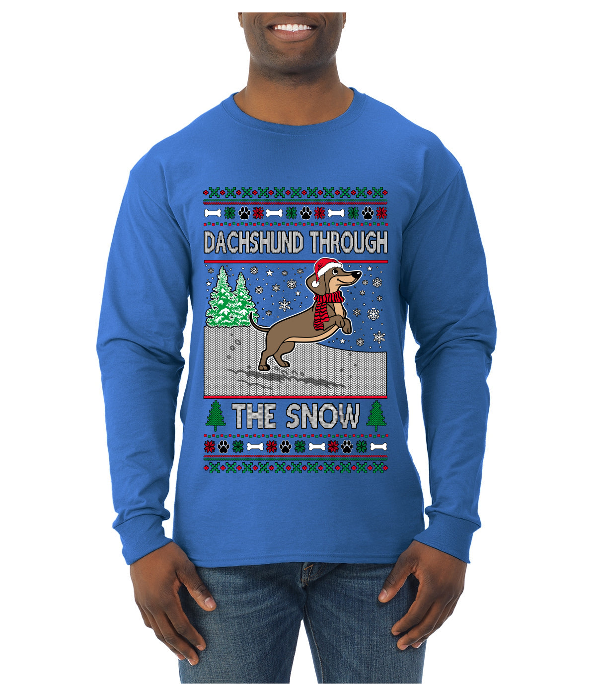 Dachshund Through The Snow, Cute Dog Christmas Sweater, Ugly Christmas Sweater Mens Long Sleeve Shirt
