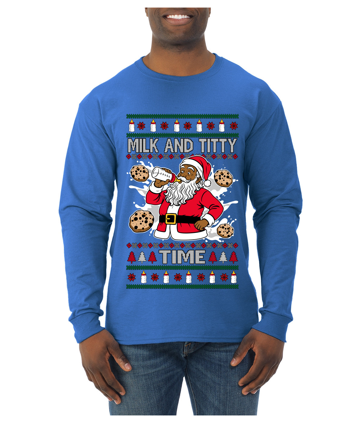 Milk And Titty Time Christmas Sweater, Ugly Christmas Sweater Mens Long Sleeve Shirt