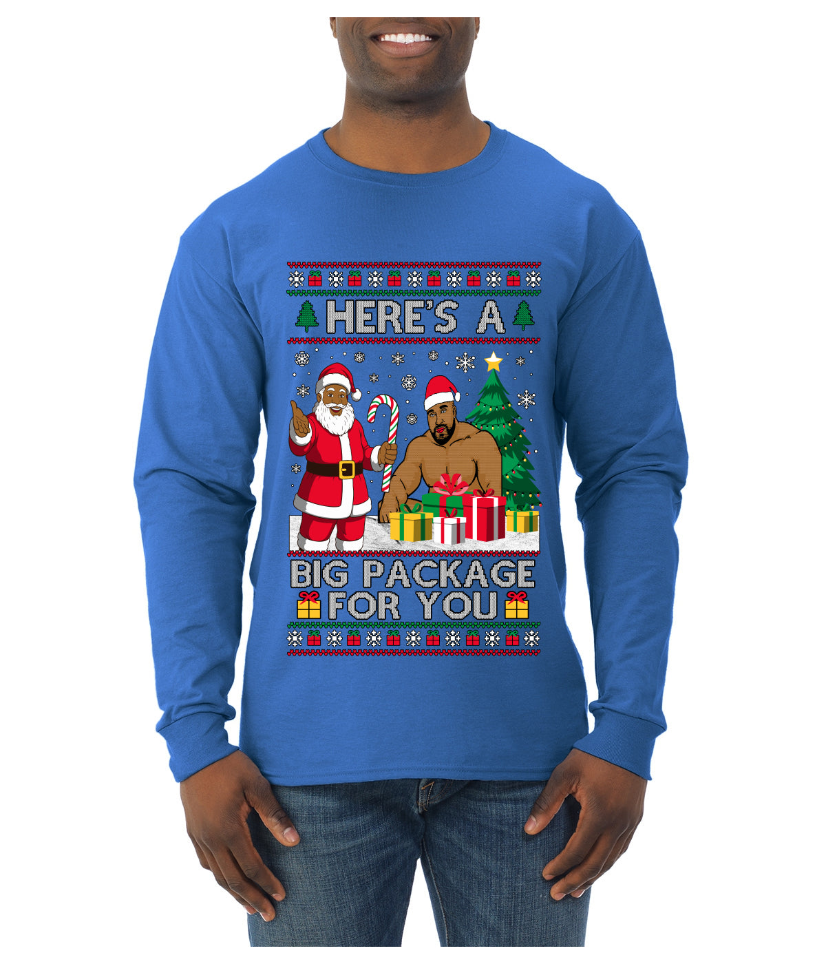 Here's A Big Package For You Black Santa Christmas Sweater, Ugly Christmas Sweater Mens Long Sleeve Shirt