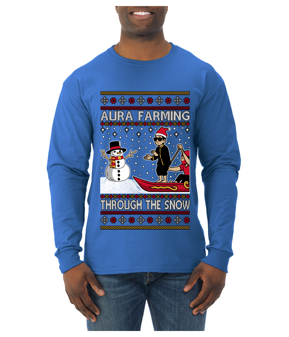 Aura Farming Through The Snow Meme, Ugly Christmas Sweater Unisex Mens Long Sleeve Shirt