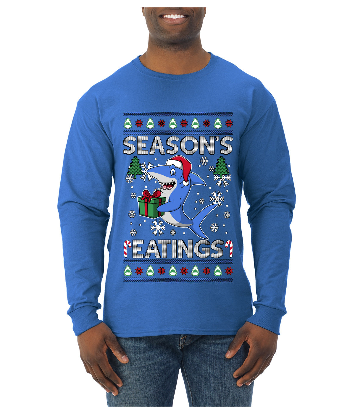 Season's Eatings Shark, Ugly Christmas Sweater Unisex Mens Long Sleeve Shirt