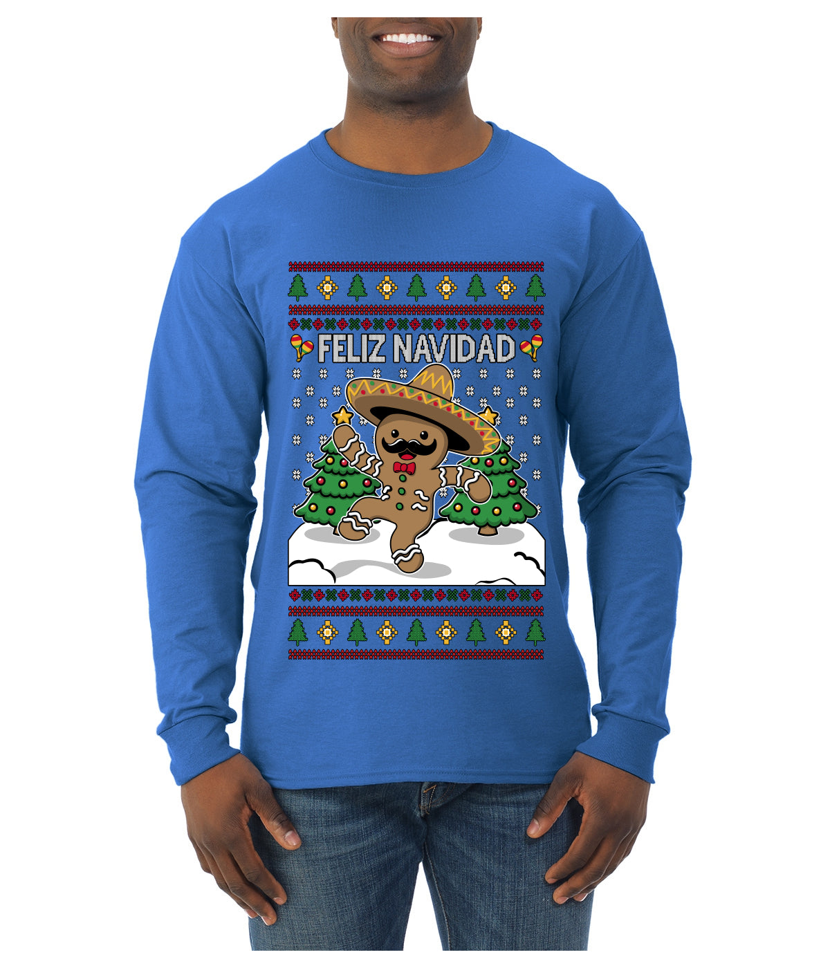 Feliz Navidad Dancing Gingerbread Man, Ugly Christmas Sweater Unisex Mens Long Sleeve Shirt