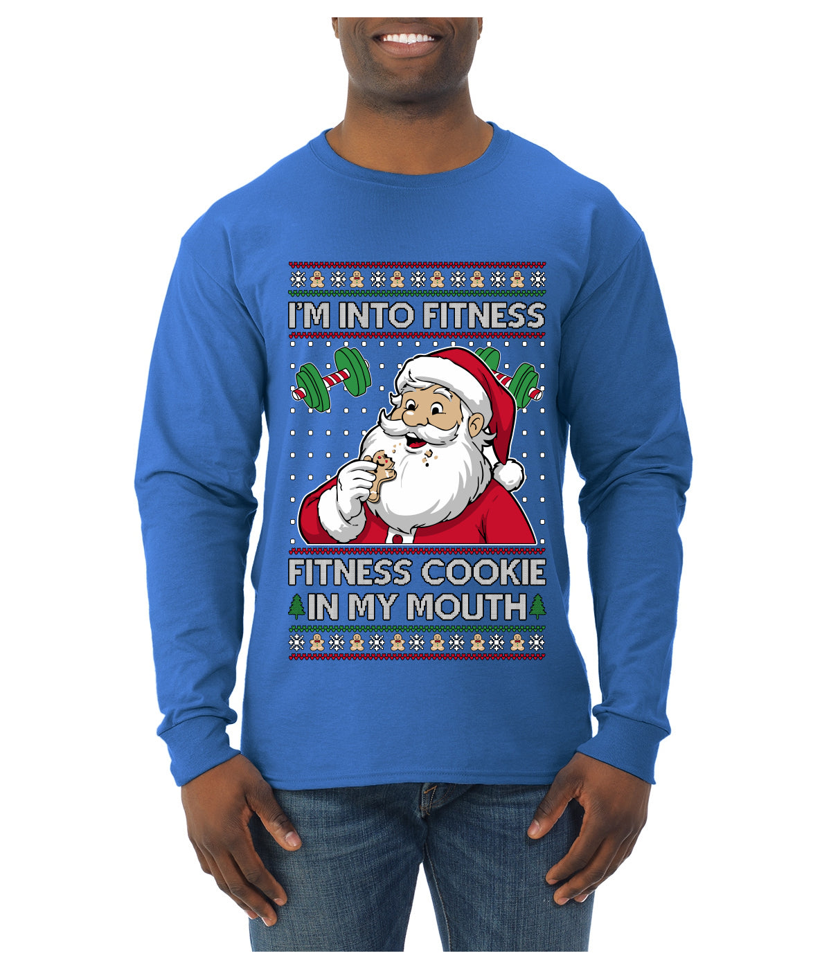 I'm Into Fitness Cookie In My Mouth Santa, Ugly Christmas Sweater Unisex Mens Long Sleeve Shirt
