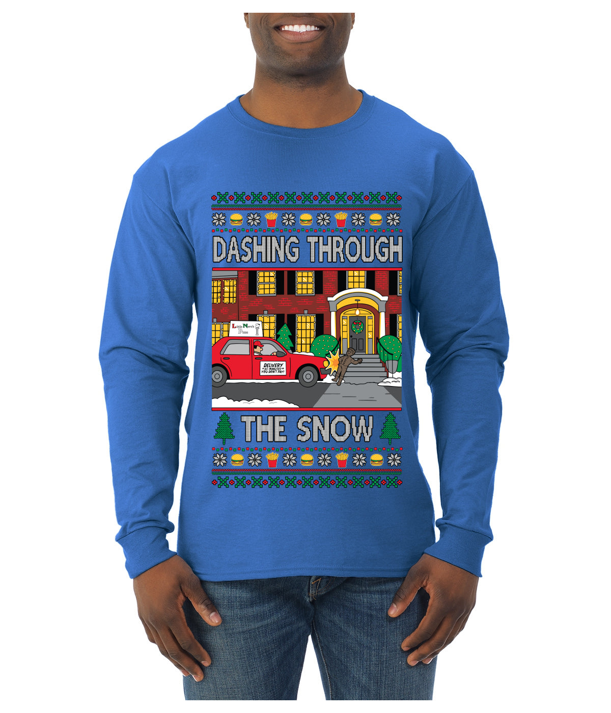 Dashing Through The Snow Classic 90s Holiday Movie, Ugly Christmas Sweater Unisex Mens Long Sleeve Shirt