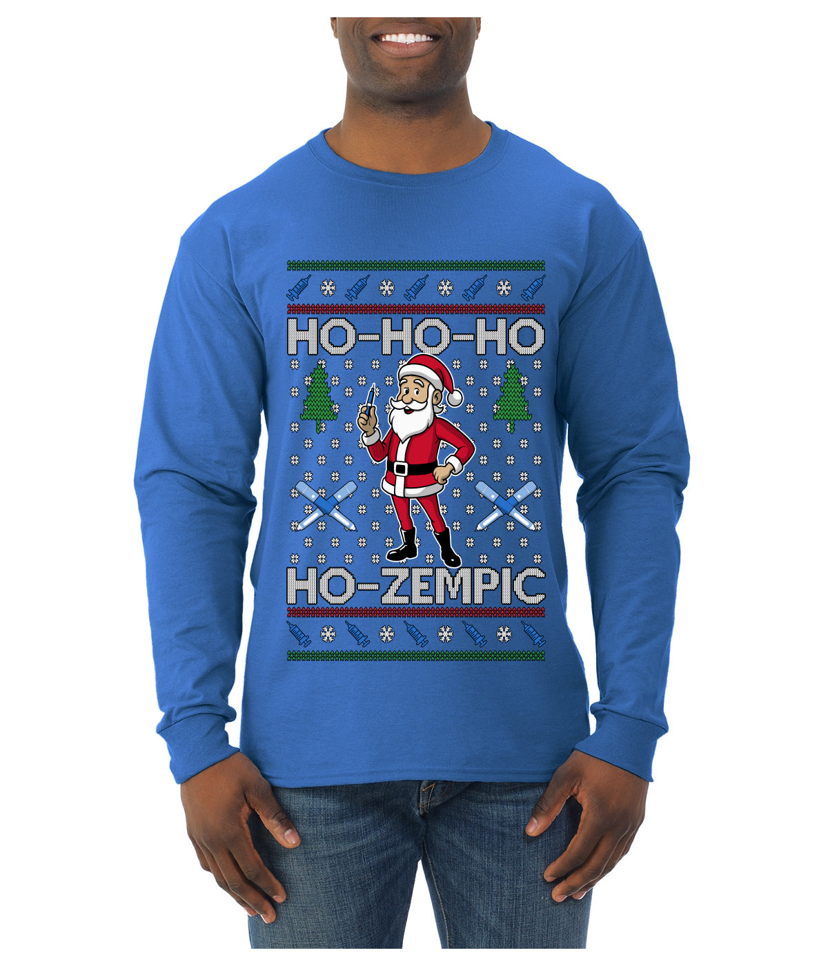 Skinny Santa Ho Ho Ho Ho-Zempic Weight Loss Shot, Ugly Christmas Sweater Unisex Mens Long Sleeve Shirt