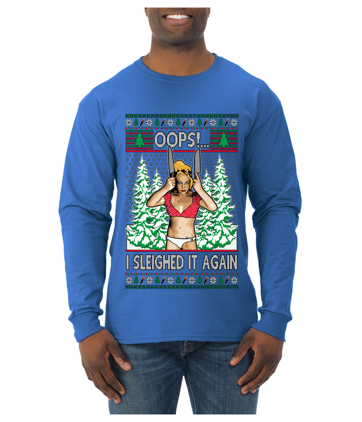 Funny, Knives Popstar Dancing, Music Lover Comedic Christmas Sweater Design, Ugly Christmas Sweater Unisex Mens Long Sleeve Shirt