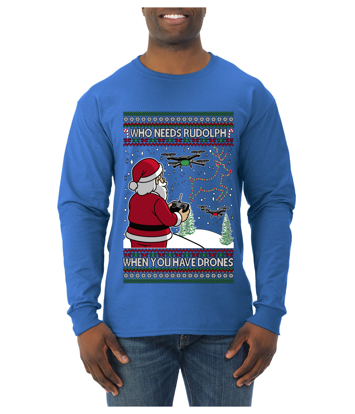 Santa Drone Show Reindeer, Ugly Christmas Sweater Unisex Mens Long Sleeve Shirt