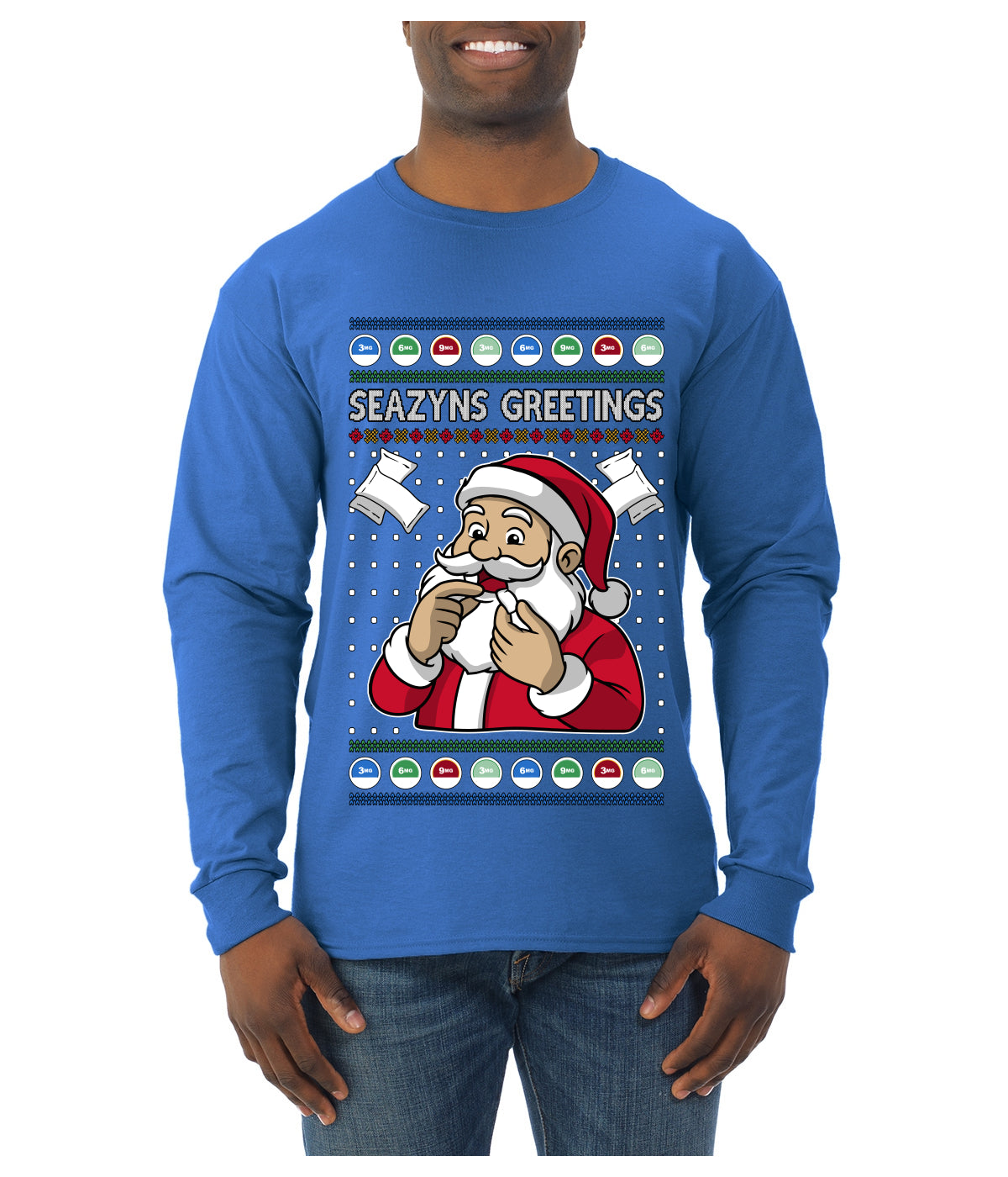 Seazyns Greeting Santa Packing Lip Pouch, Ugly Christmas Sweater Unisex Mens Long Sleeve Shirt