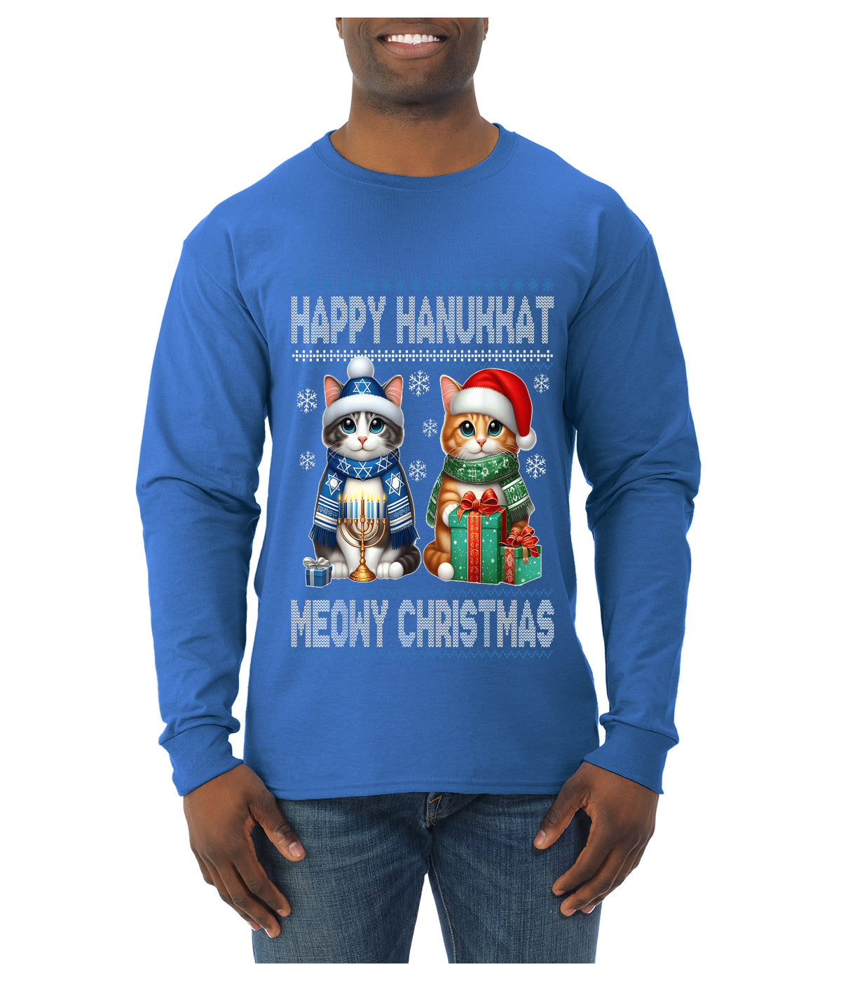 Happy Hanukkat Meowy Christmas, Ugly Christmas Sweater Unisex Mens Long Sleeve Shirt