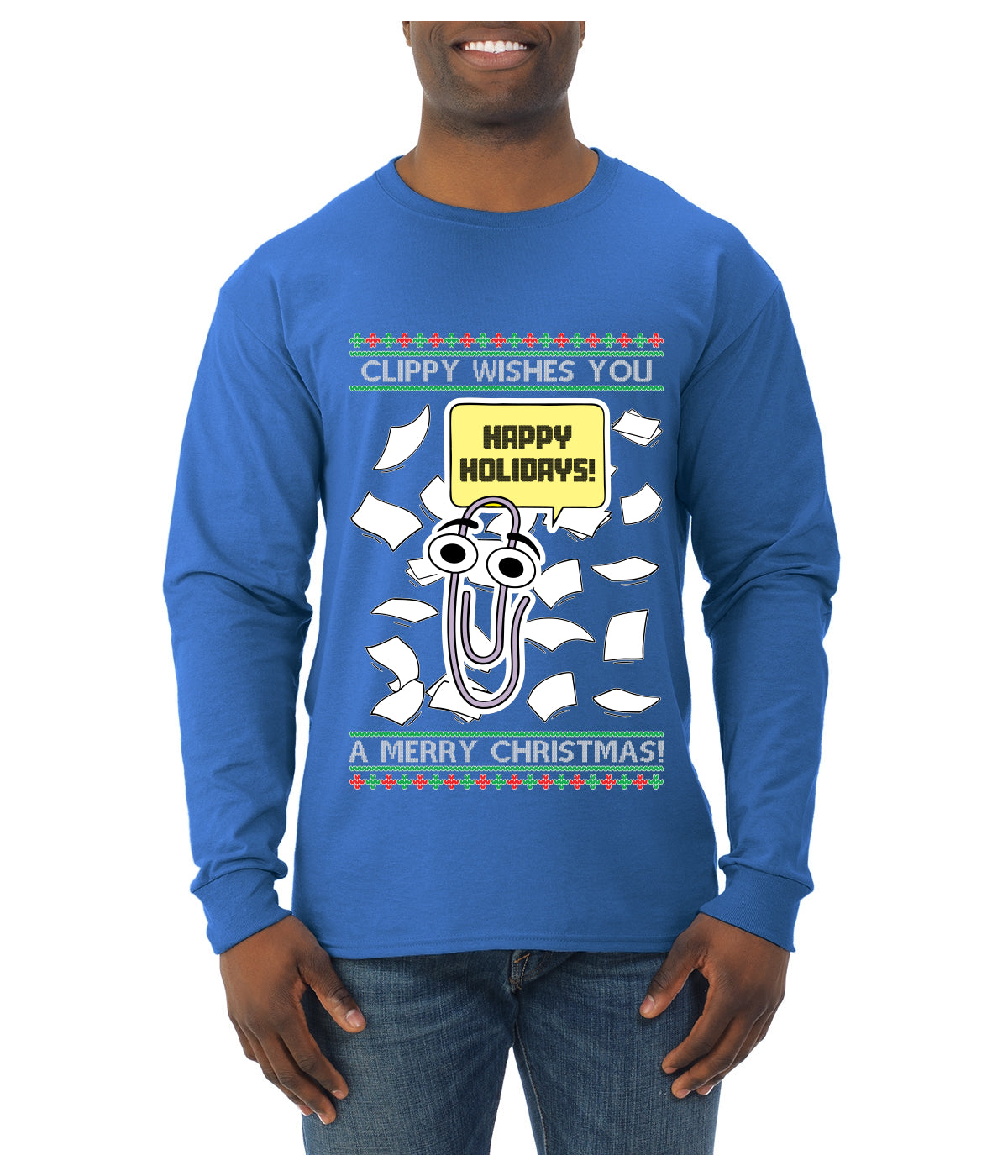 Clippy Wishes You A Merry Christmas Office Assistant, Ugly Christmas Sweater Unisex Mens Long Sleeve Shirt