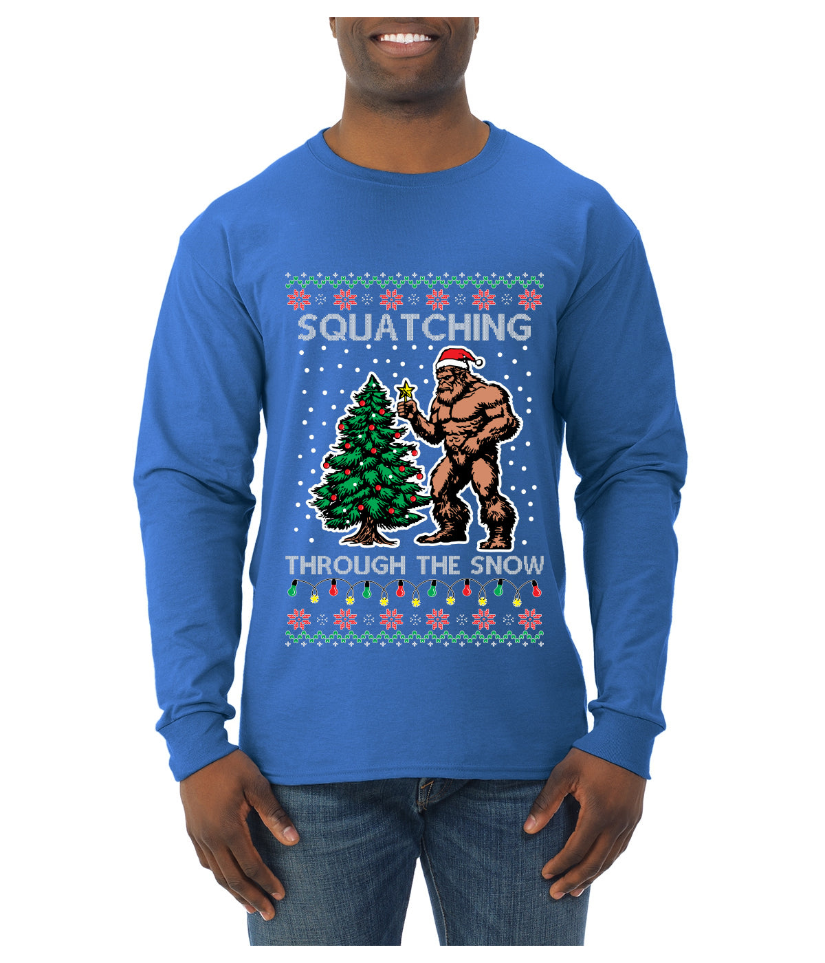 Squatching Through The Snow Bigfoot, Ugly Christmas Sweater Unisex Mens Long Sleeve Shirt