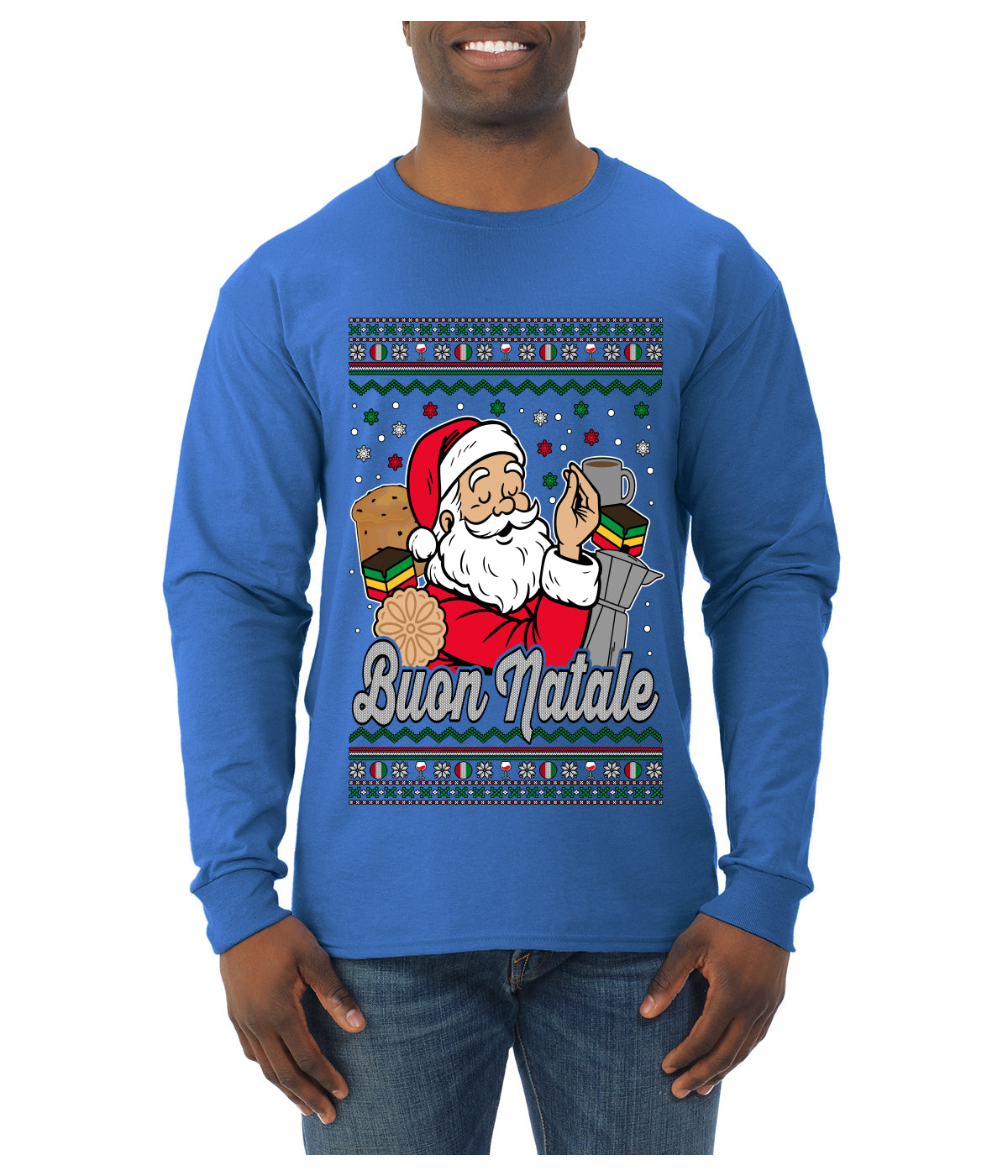 Buon Natale, Italian Santa Claus, Funny, Italian American Humor, Ugly Christmas Sweater Unisex Mens Long Sleeve Shirt