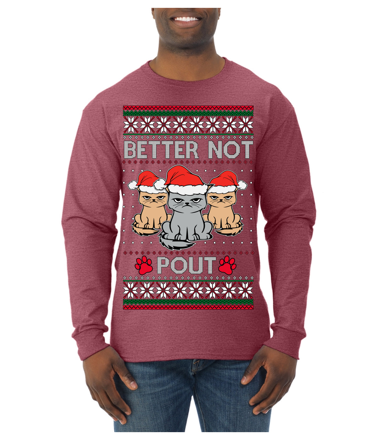 Better Not Pout, Cute Sad Santa Cats | Funny Ugly Christmas Sweater Mens Long Sleeve Shirt